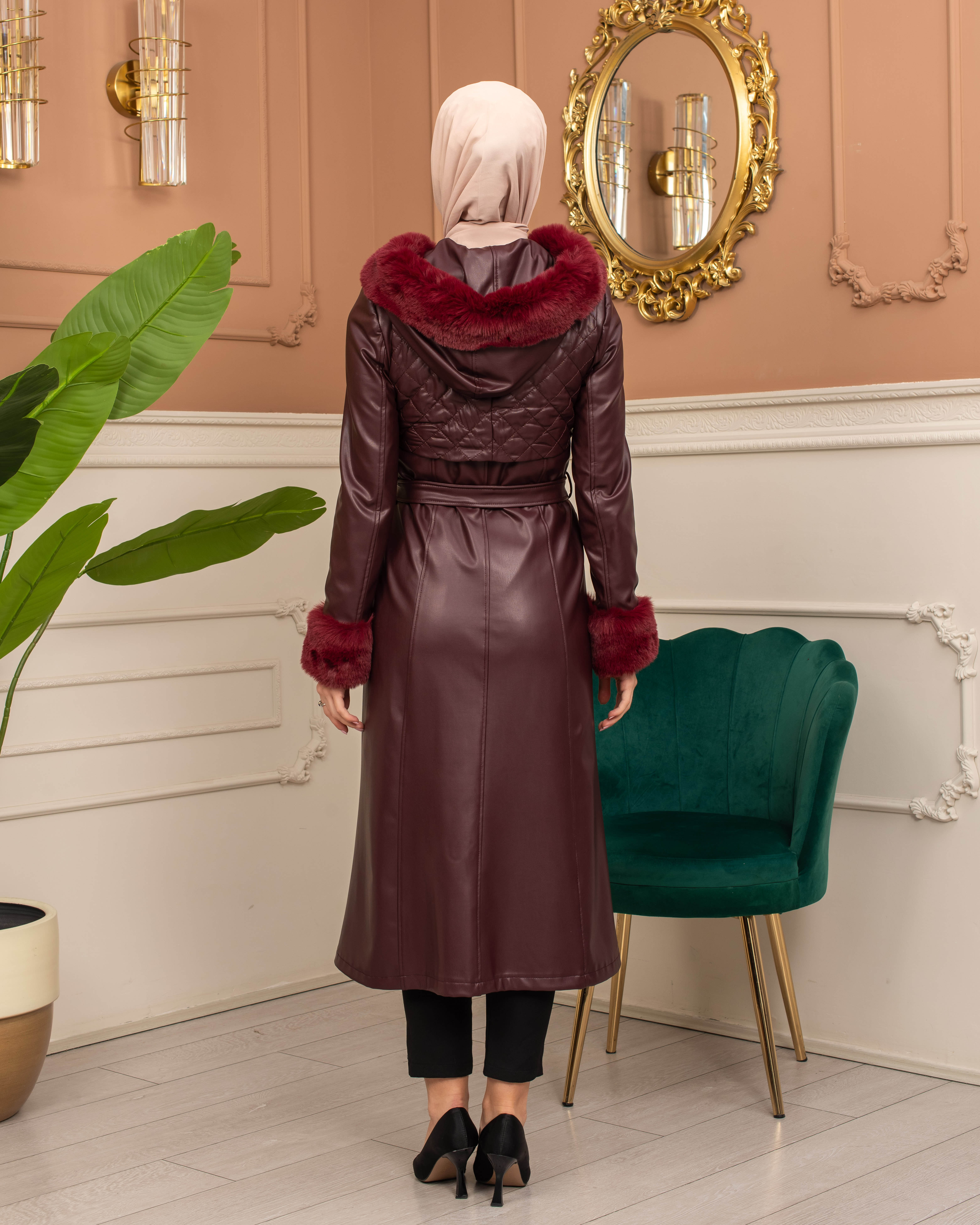 Trench Coat with Treated Leather Code 1365 - burgundy