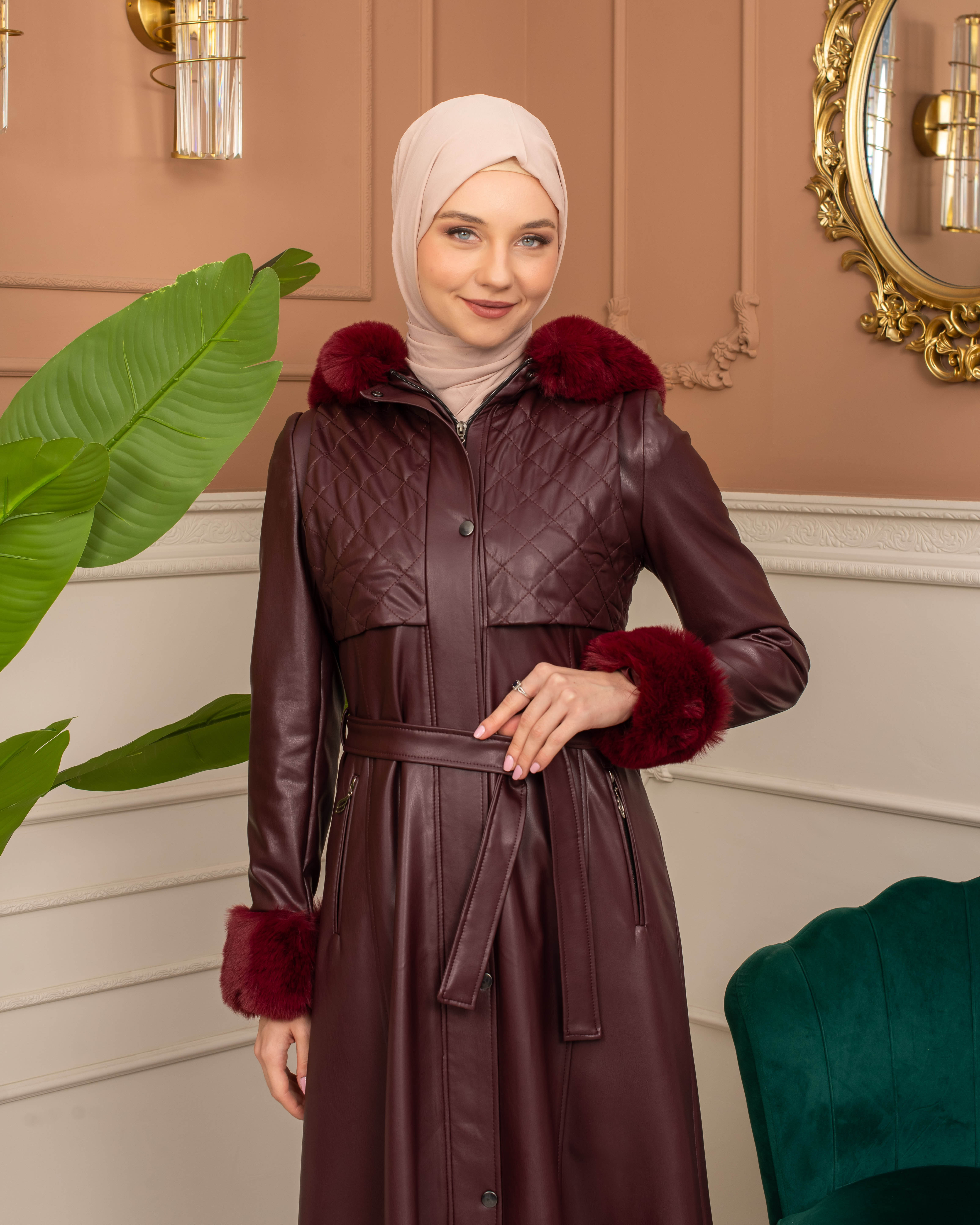 Trench Coat with Treated Leather Code 1365 - burgundy