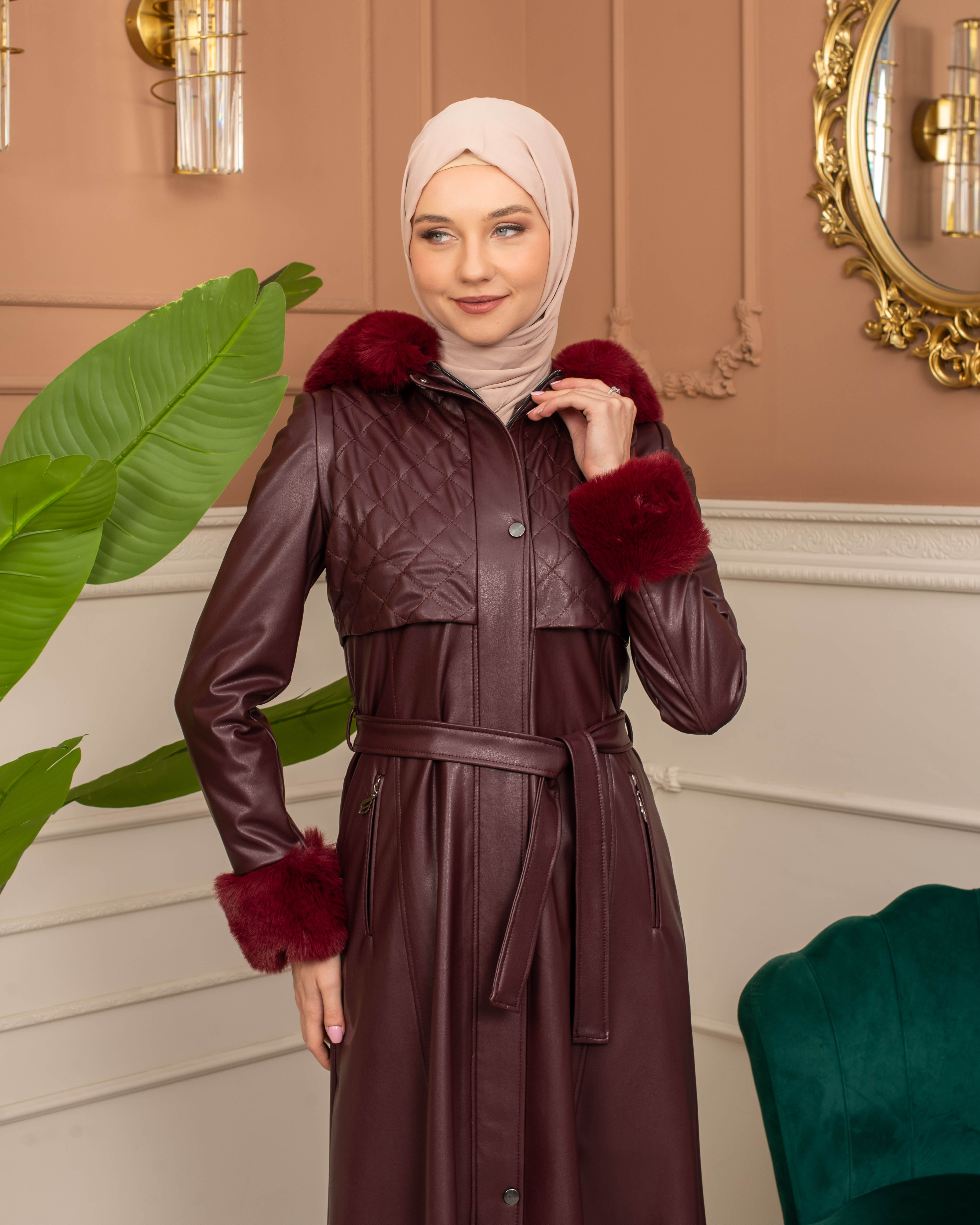 Trench Coat with Treated Leather Code 1365 - burgundy