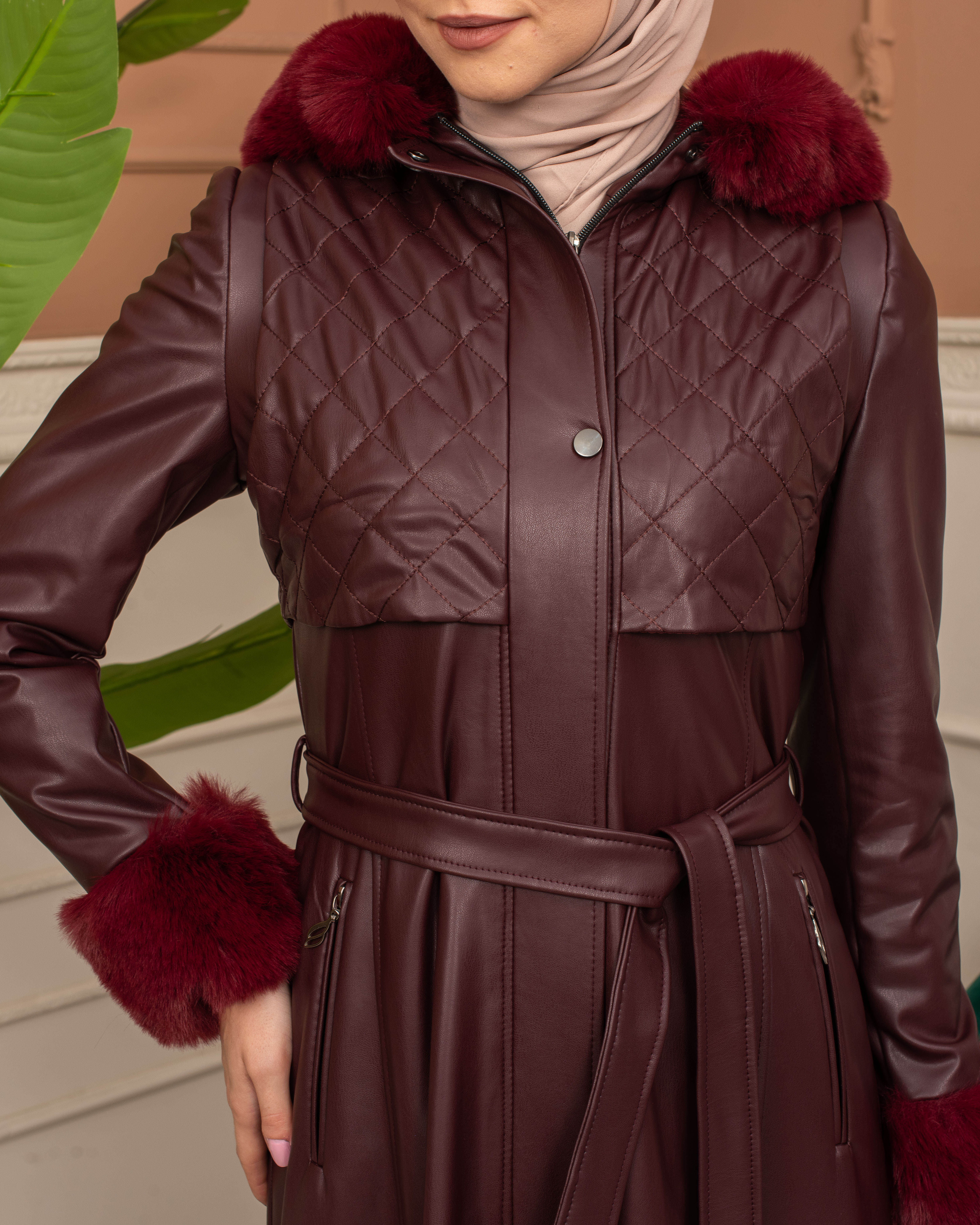 Trench Coat with Treated Leather Code 1365 - burgundy