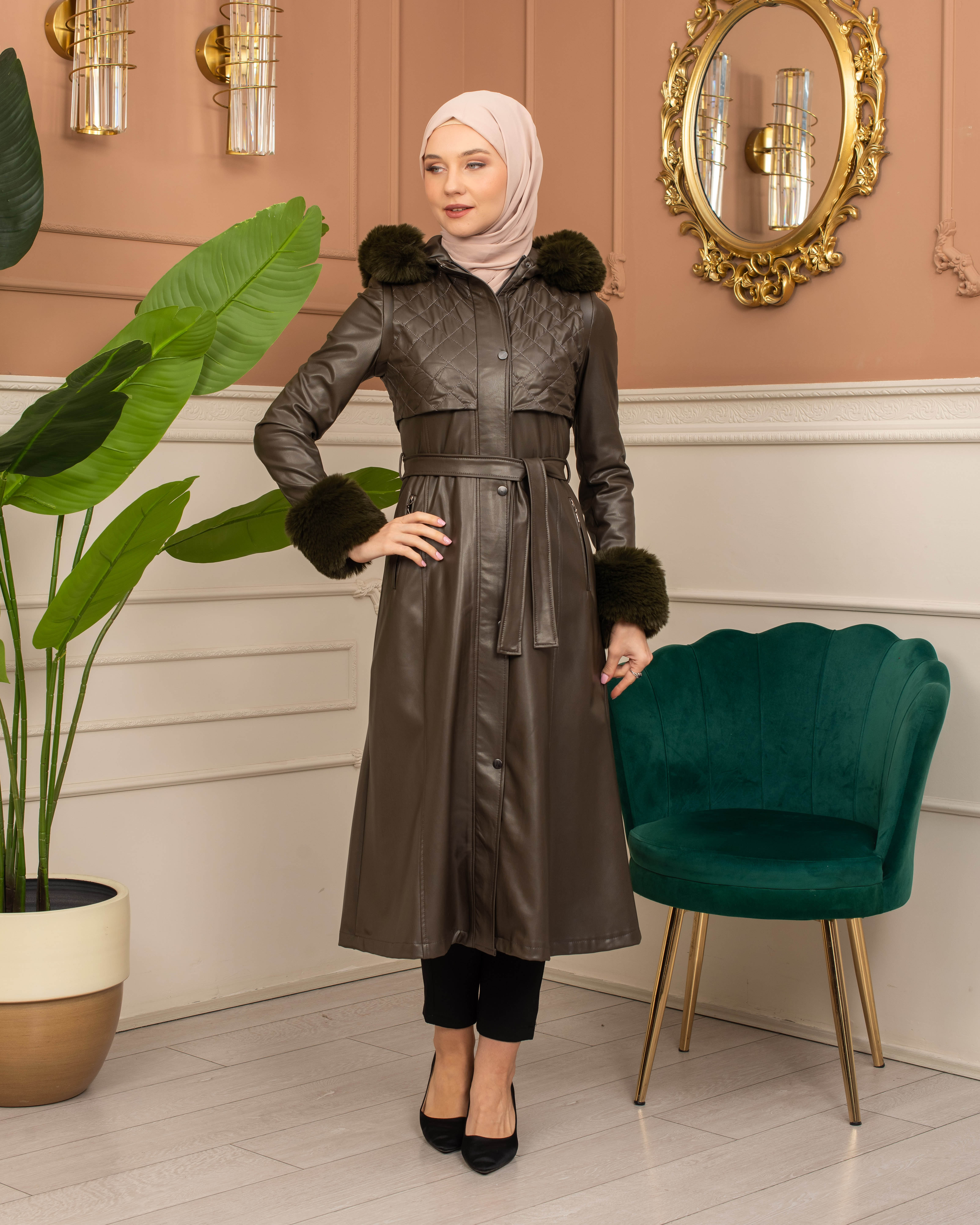 Trench Coat with Treated Leather Code 1365 - khaki