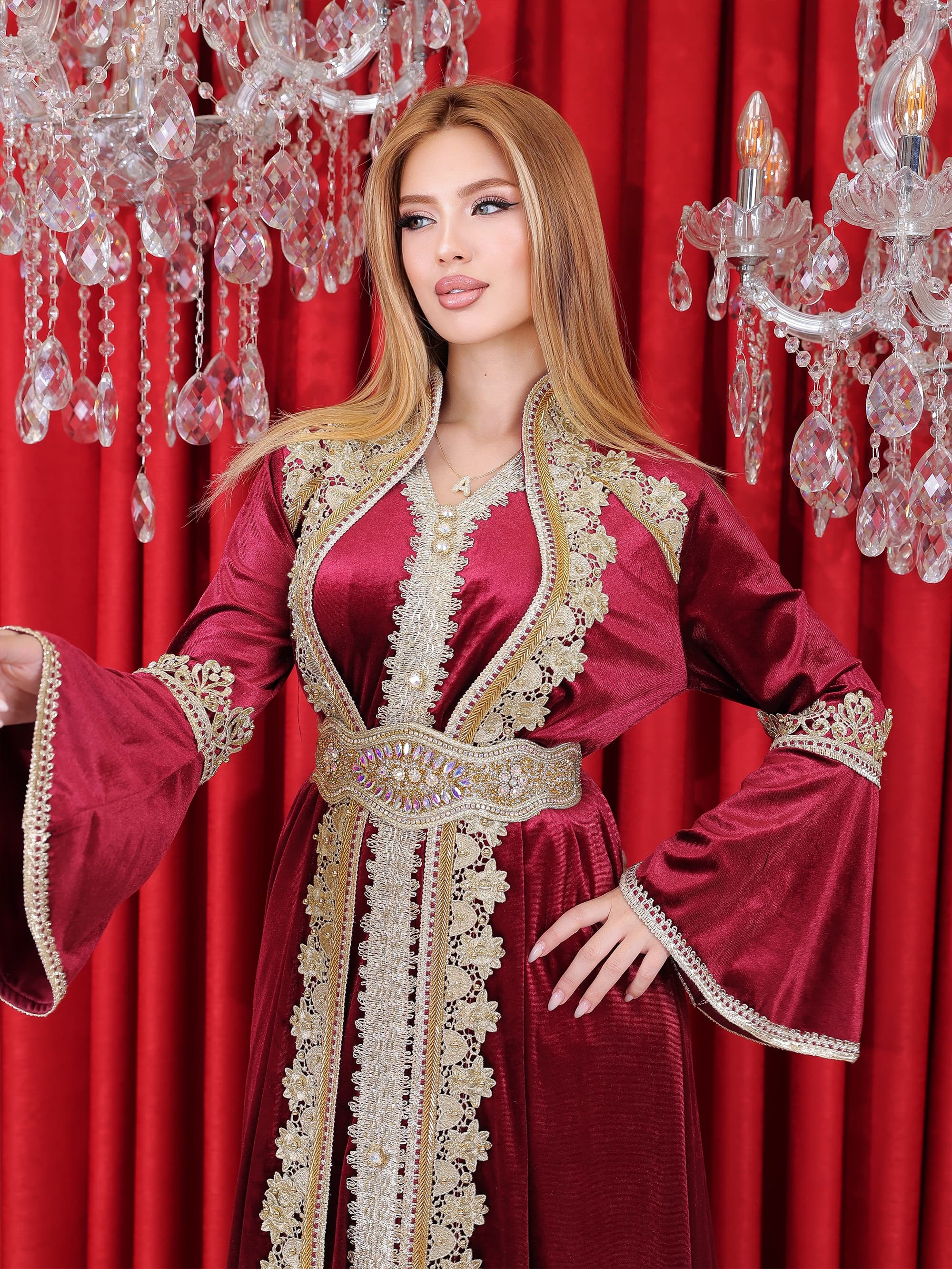 Soft Velvet Korean Caftan - 4119 - burgundy