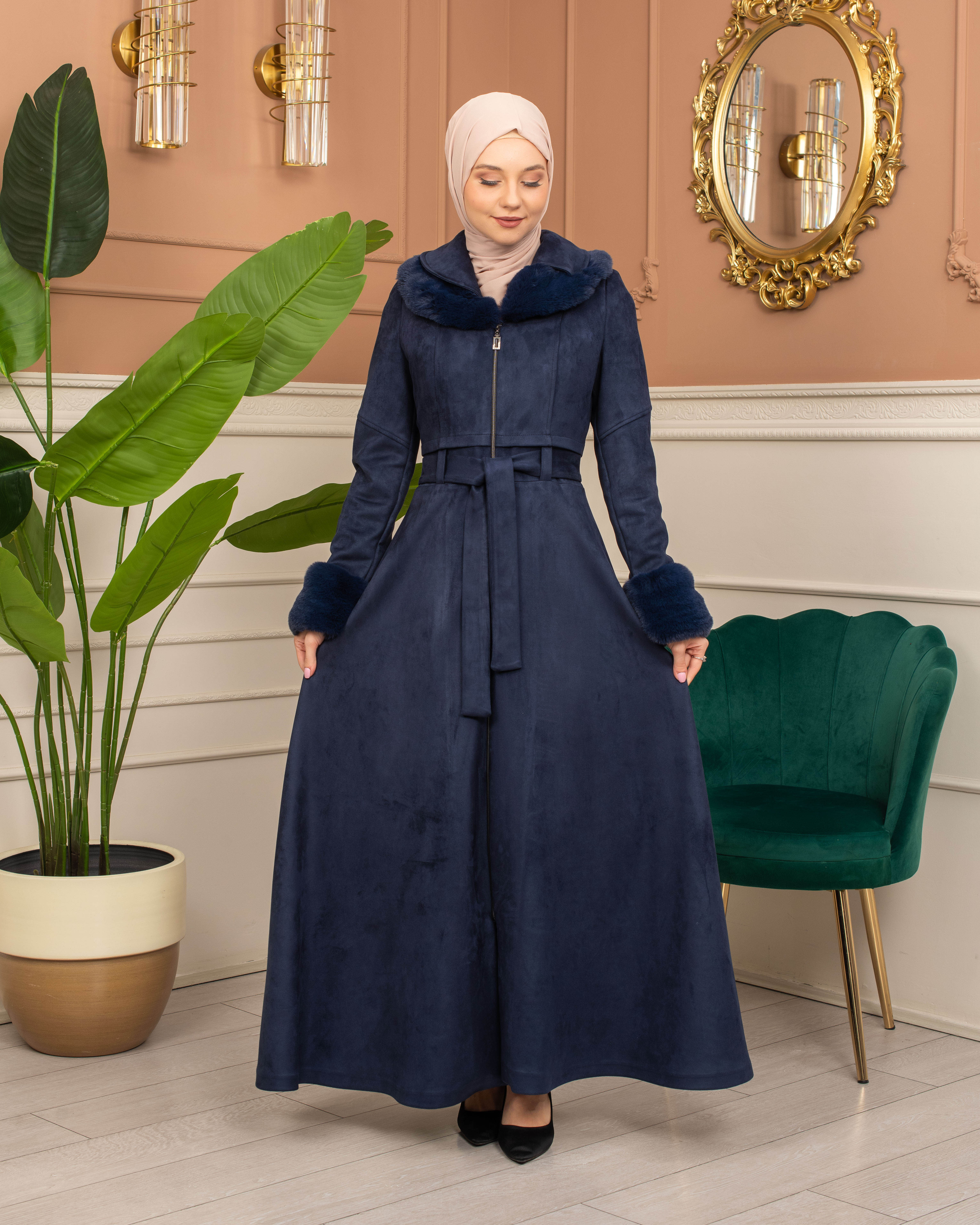 Suede Coat with Fur Lining - 1372 - deep blue