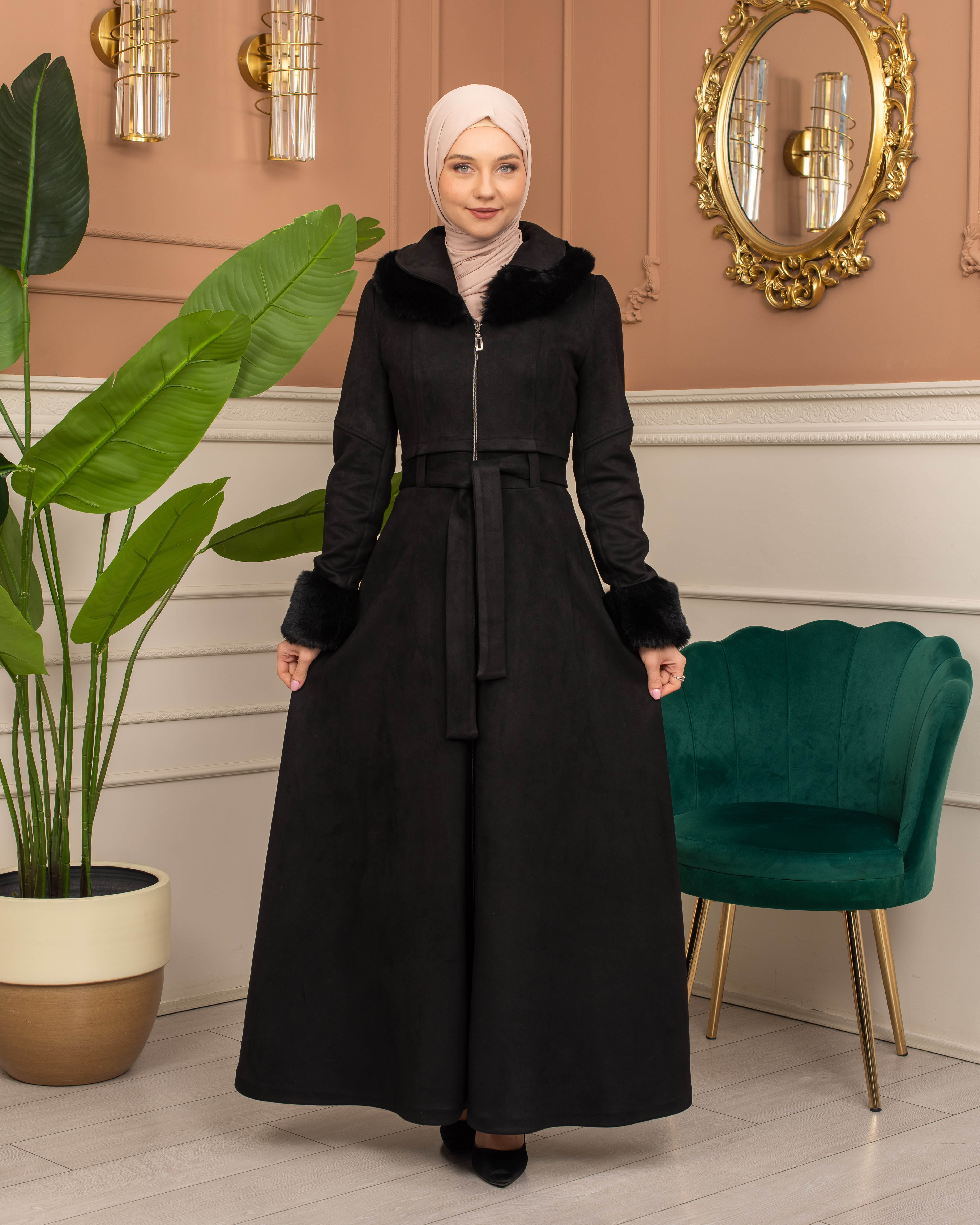 Suede Coat with Fur Lining - 1372 - black