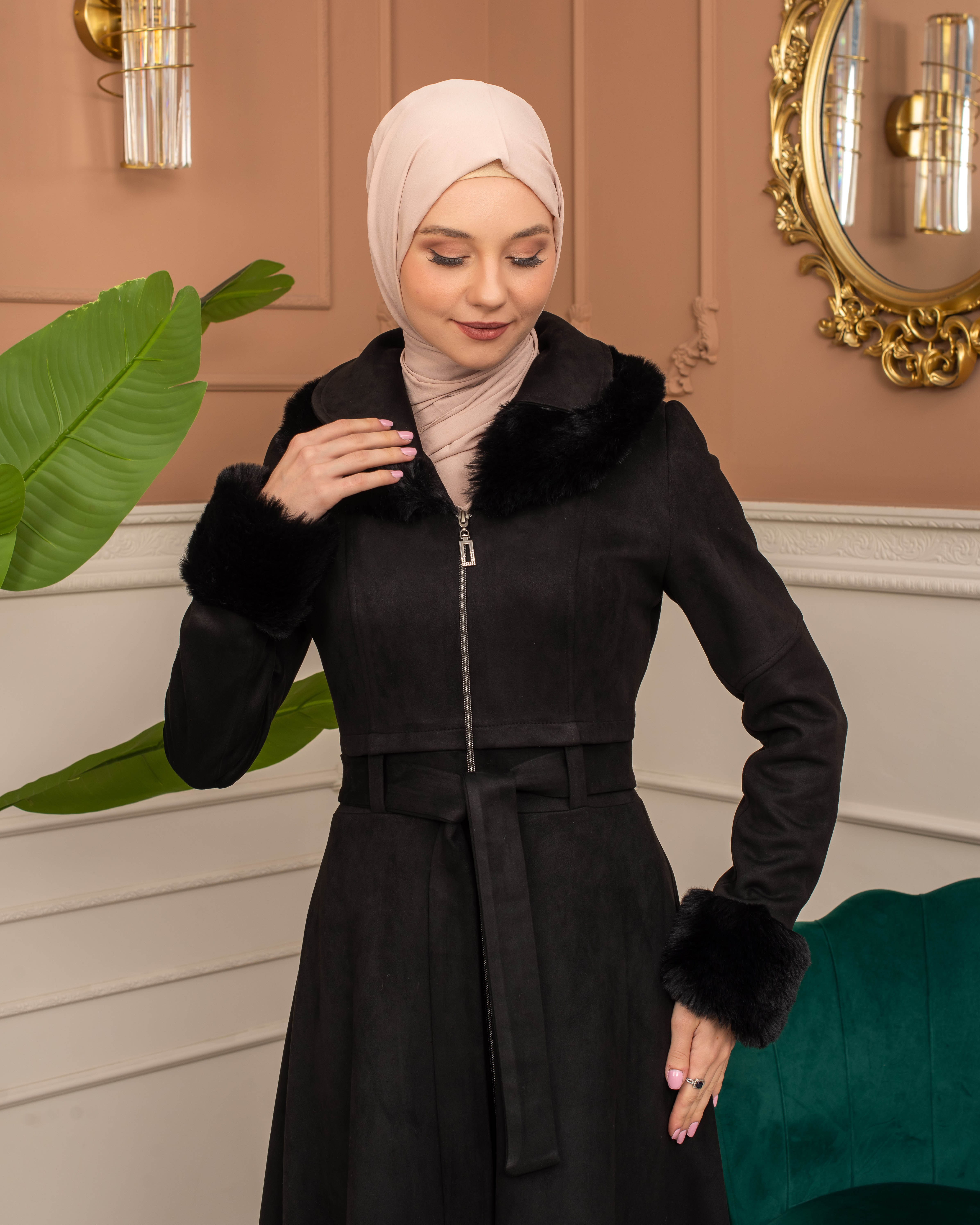 Suede Coat with Fur Lining - 1372 - black