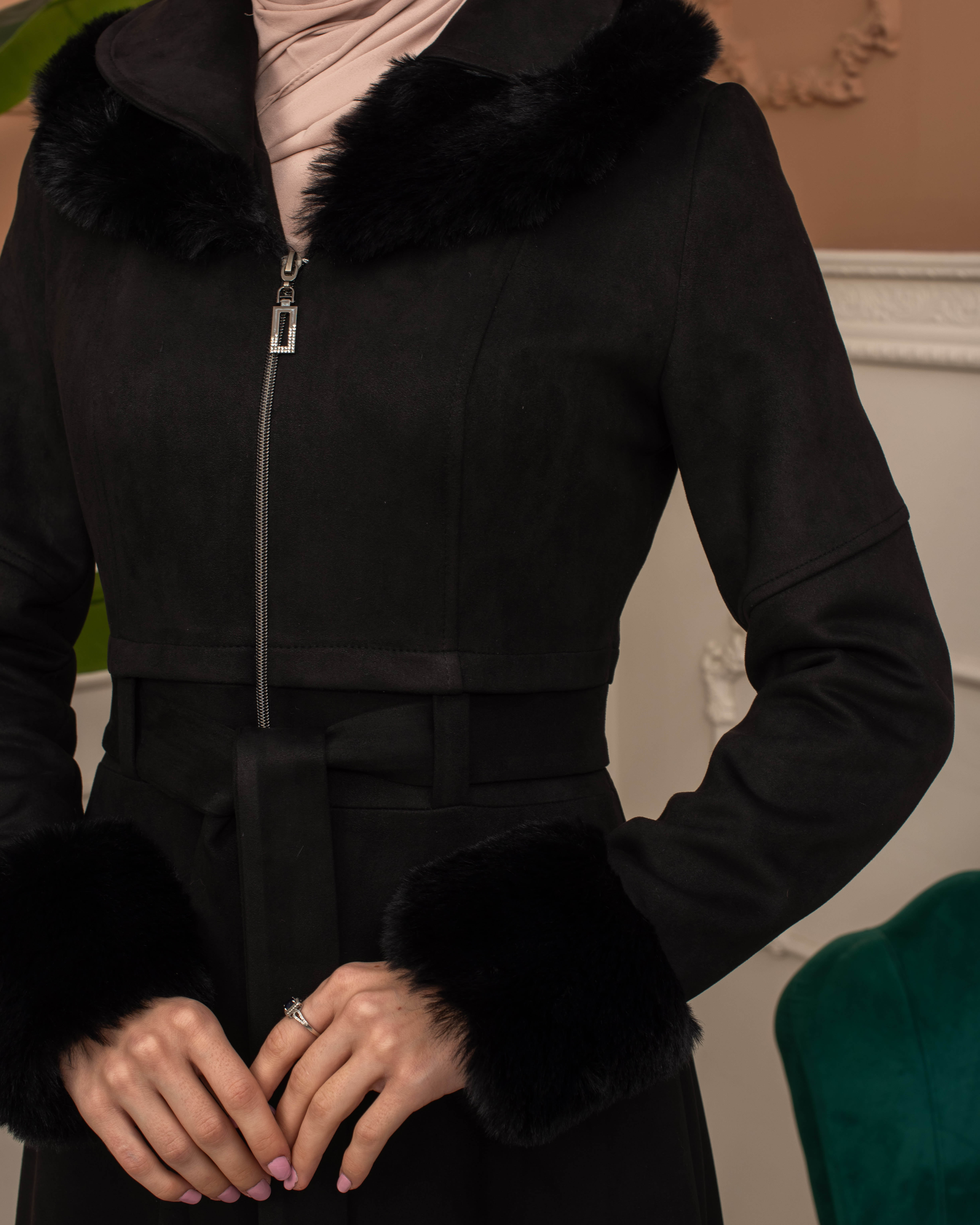 Suede Coat with Fur Lining - 1372 - black