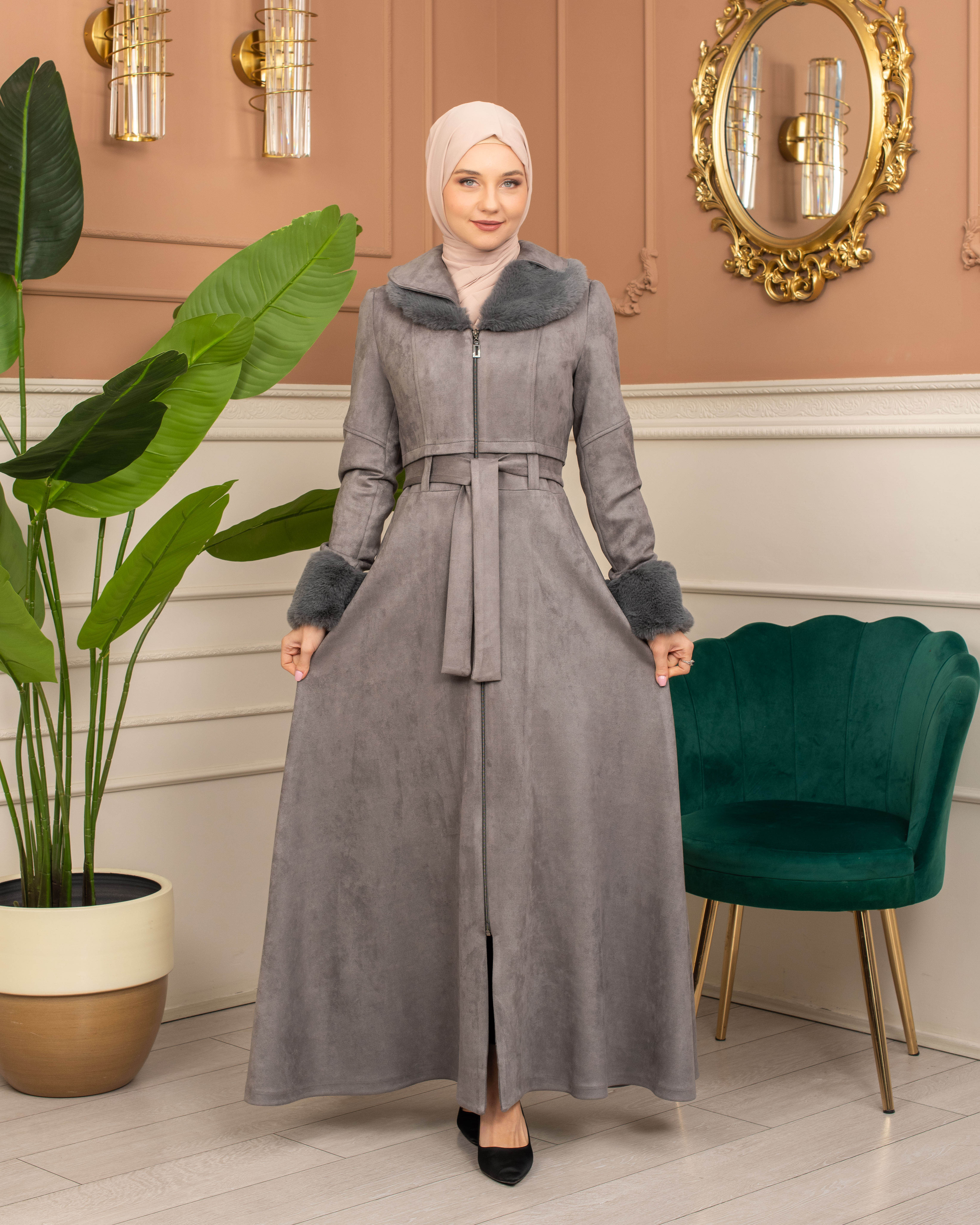 Suede Coat with Fur Lining - 1372 - gray