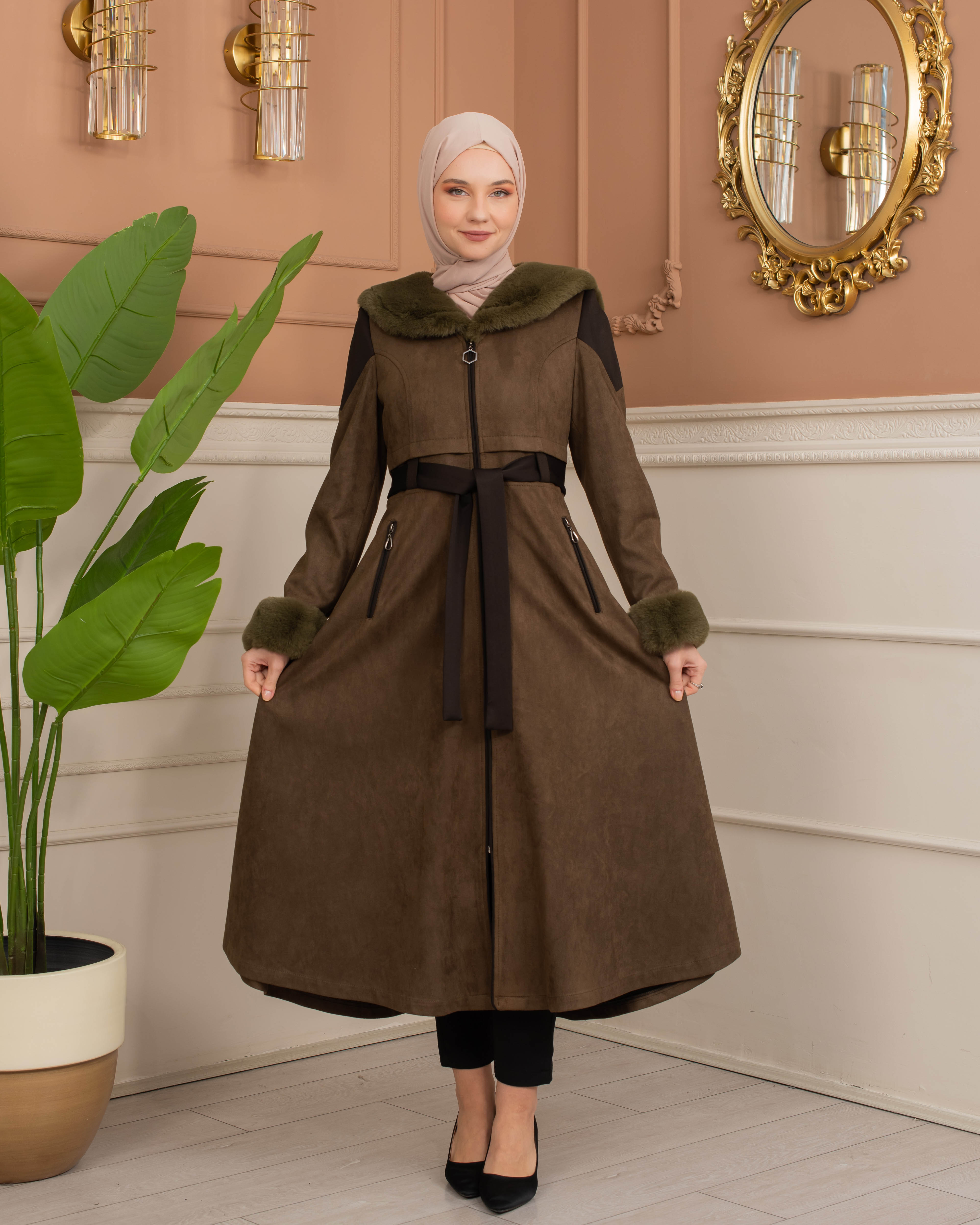 Velvet Suede Trench Coat with Faux Fur Lining, Code 1366 - khaki