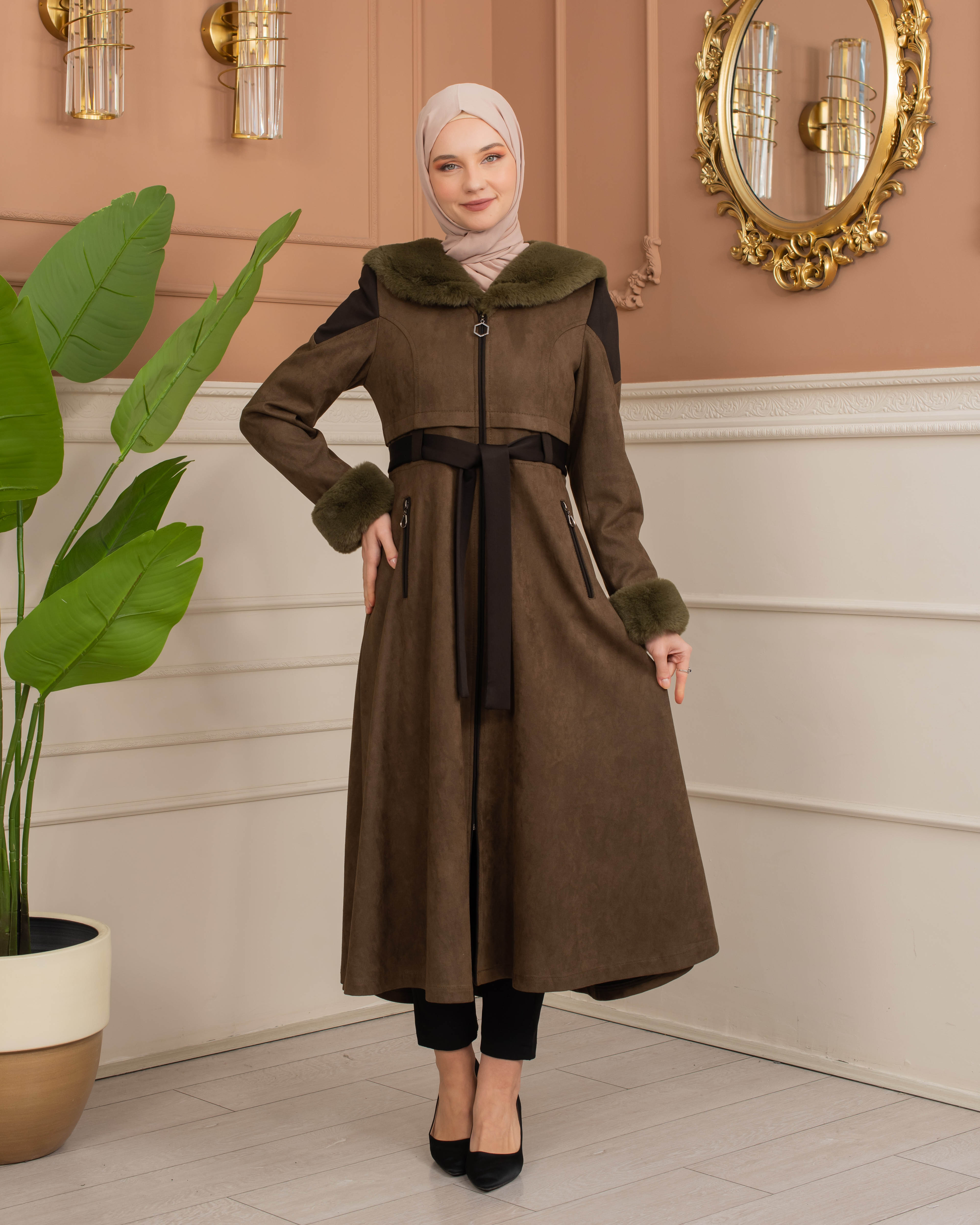 Velvet Suede Trench Coat with Faux Fur Lining, Code 1366 - khaki