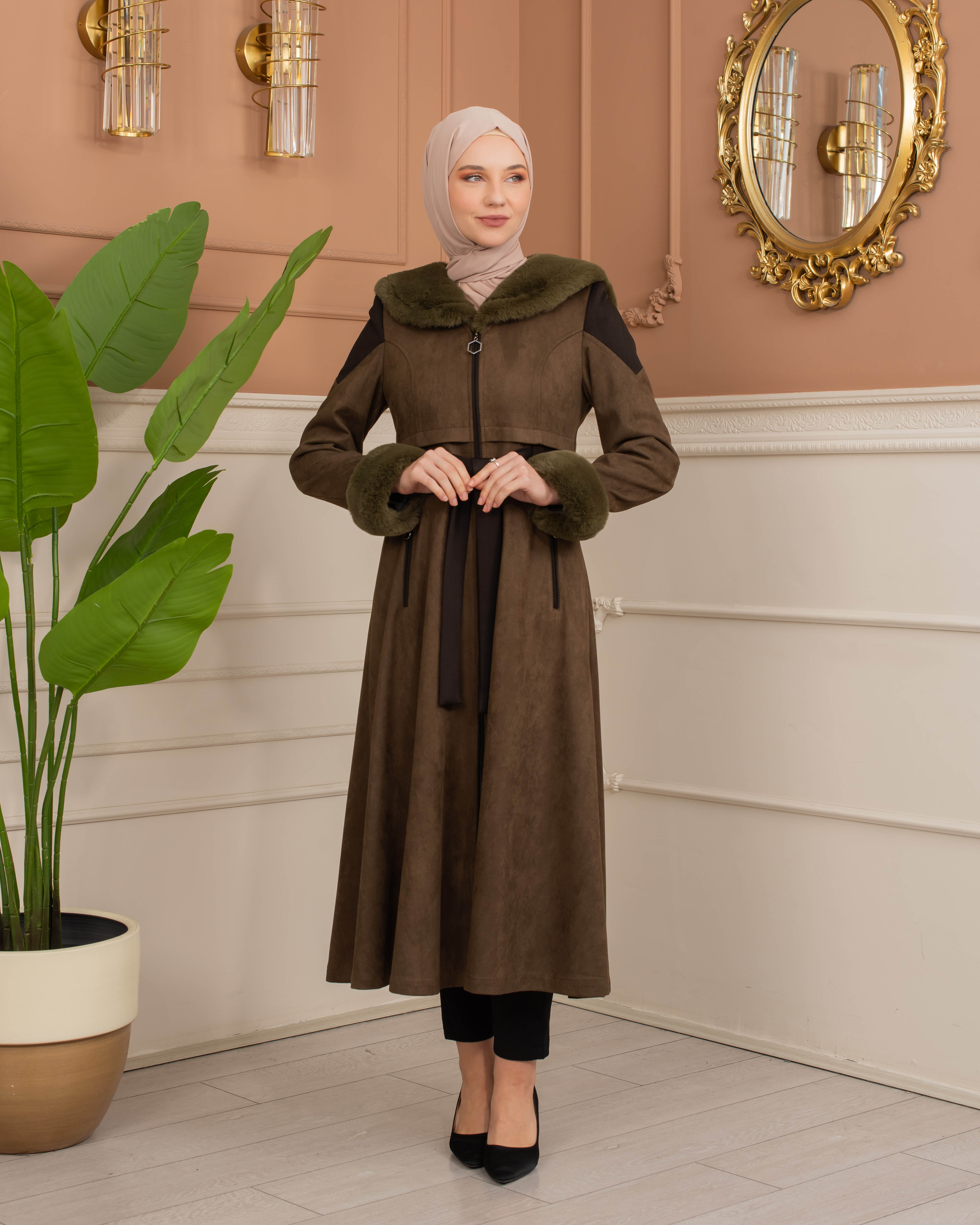 Velvet Suede Trench Coat with Faux Fur Lining, Code 1366 - khaki