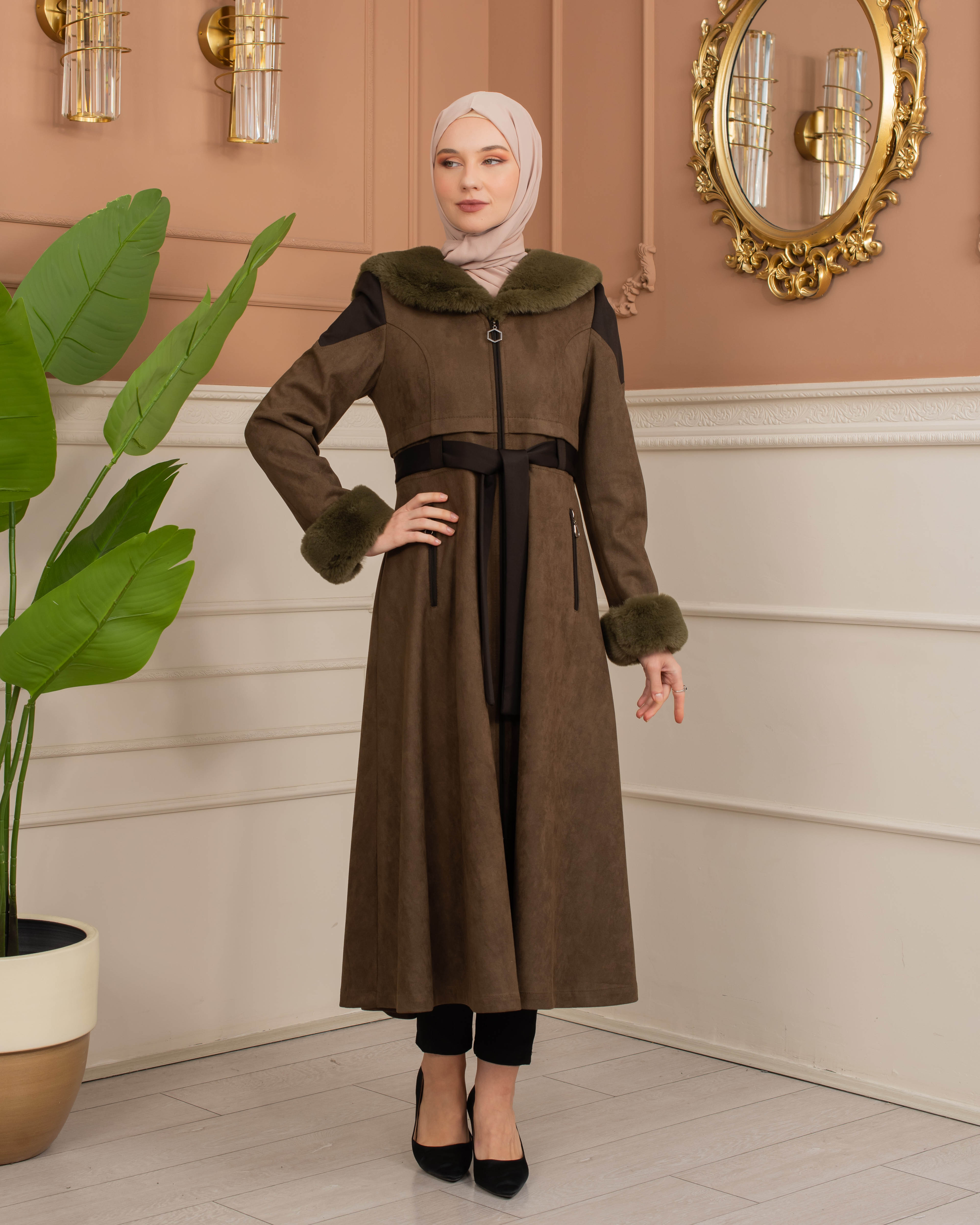 Velvet Suede Trench Coat with Faux Fur Lining, Code 1366 - khaki