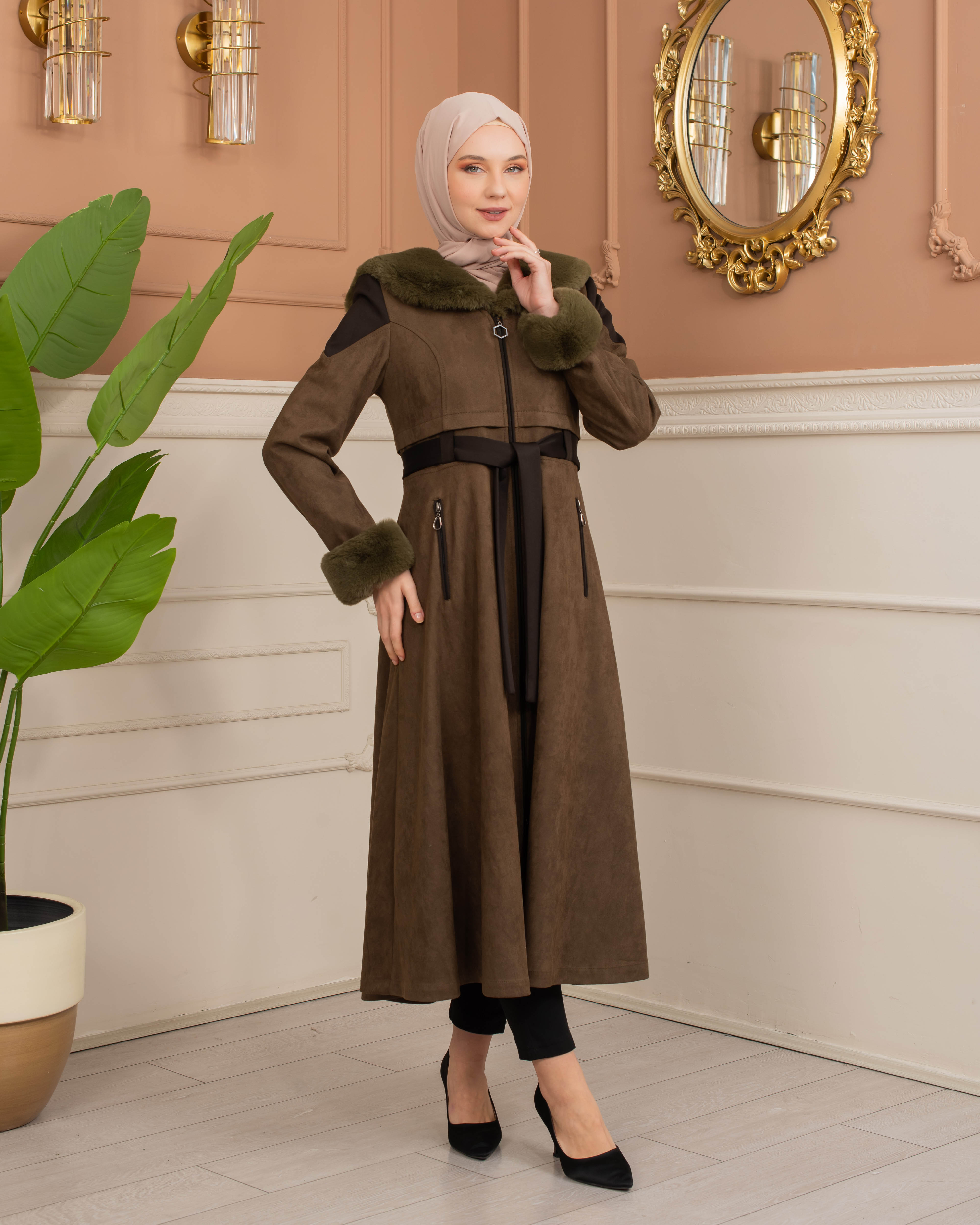 Velvet Suede Trench Coat with Faux Fur Lining, Code 1366 - khaki