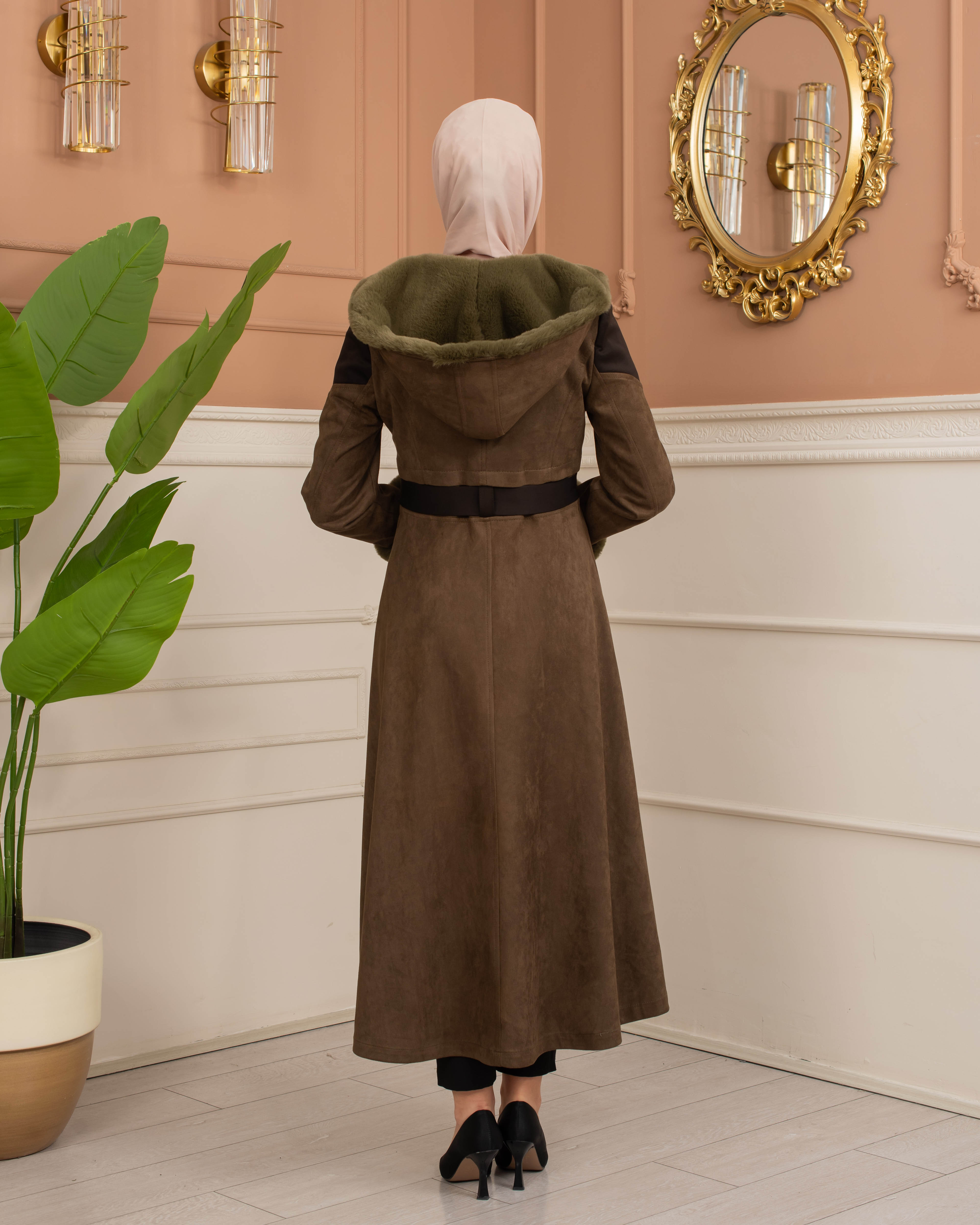 Velvet Suede Trench Coat with Faux Fur Lining, Code 1366 - khaki