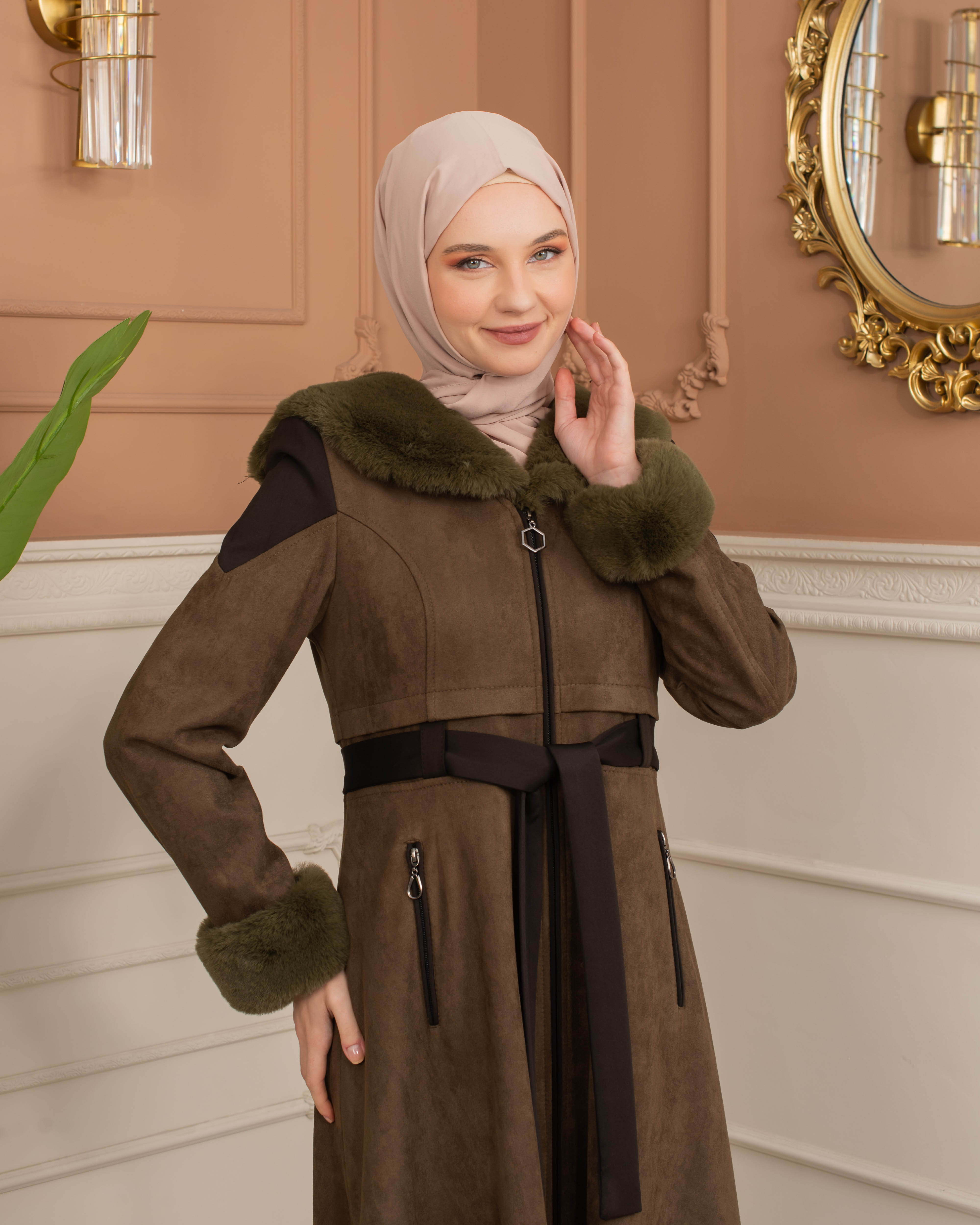 Velvet Suede Trench Coat with Faux Fur Lining, Code 1366 - khaki