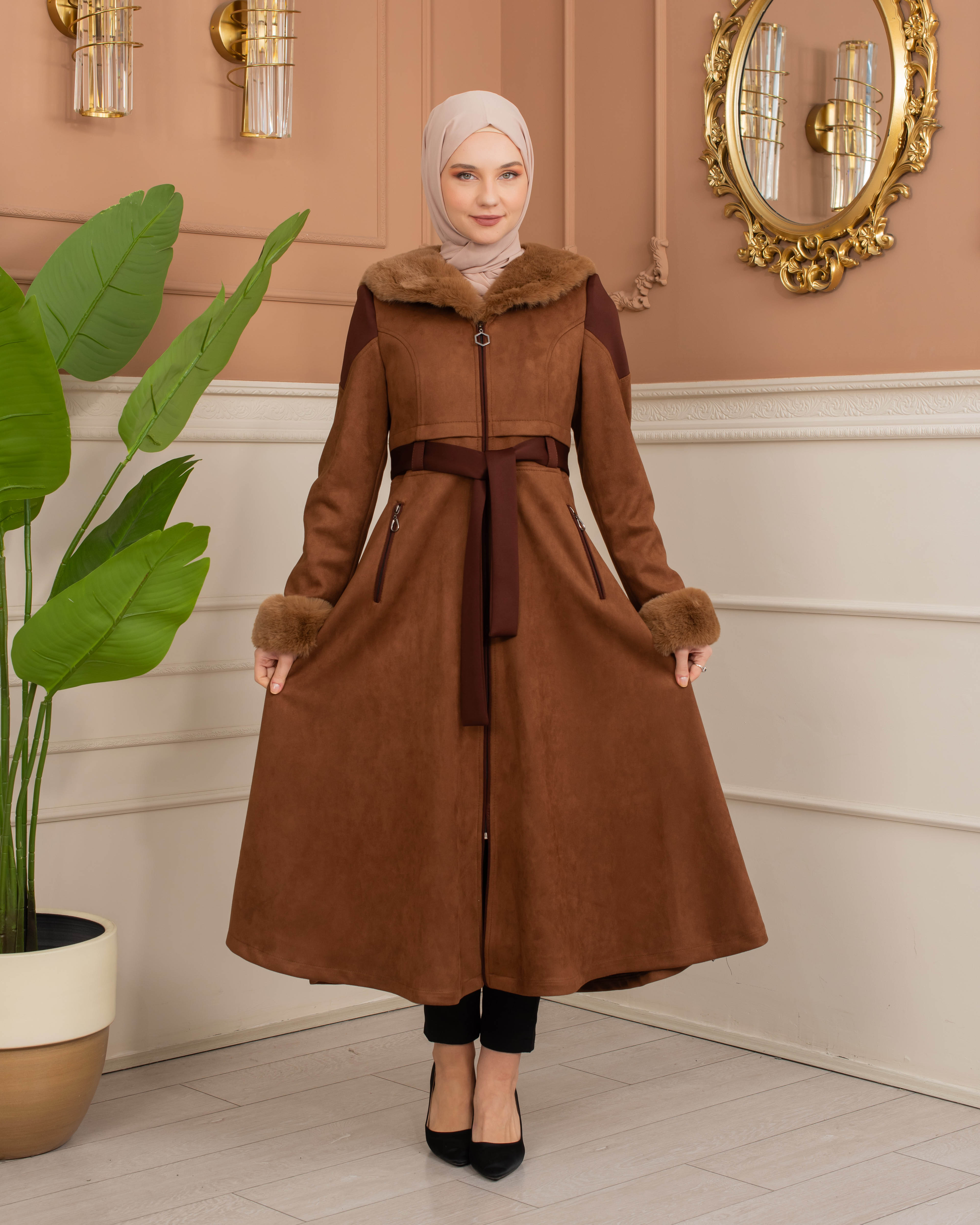 Velvet Suede Trench Coat with Faux Fur Lining, Code 1366 - tan