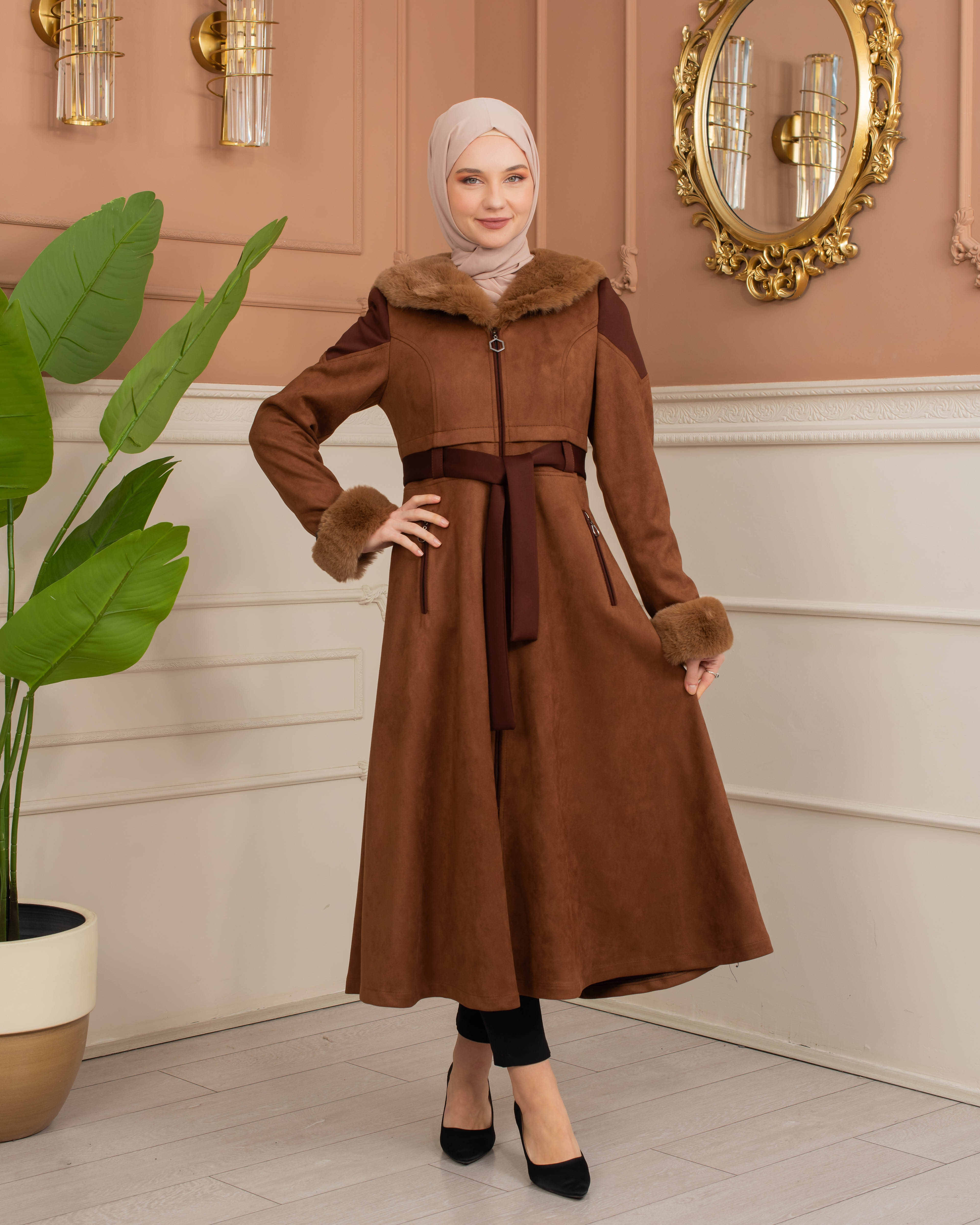 Velvet Suede Trench Coat with Faux Fur Lining, Code 1366 - tan