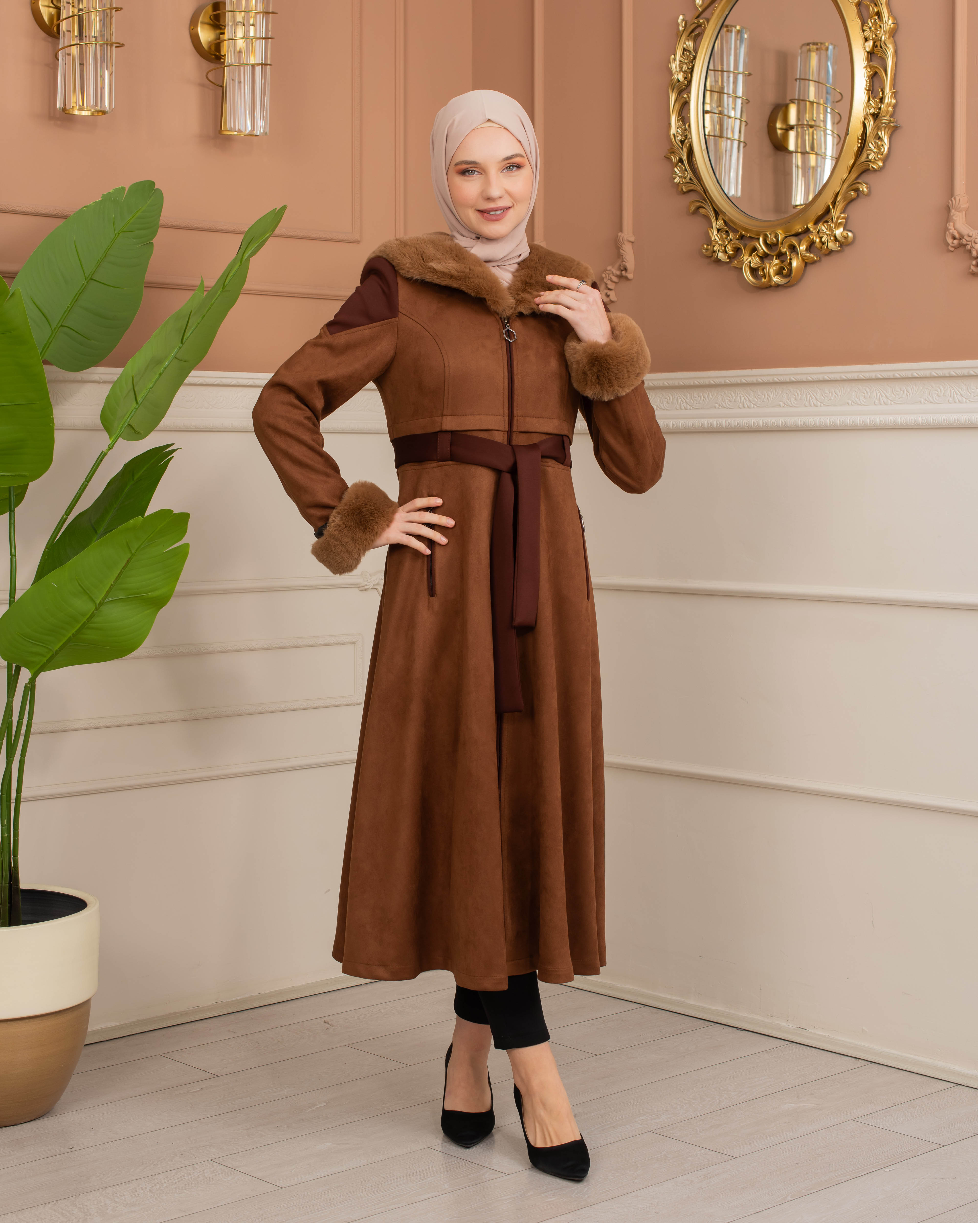 Velvet Suede Trench Coat with Faux Fur Lining, Code 1366 - tan