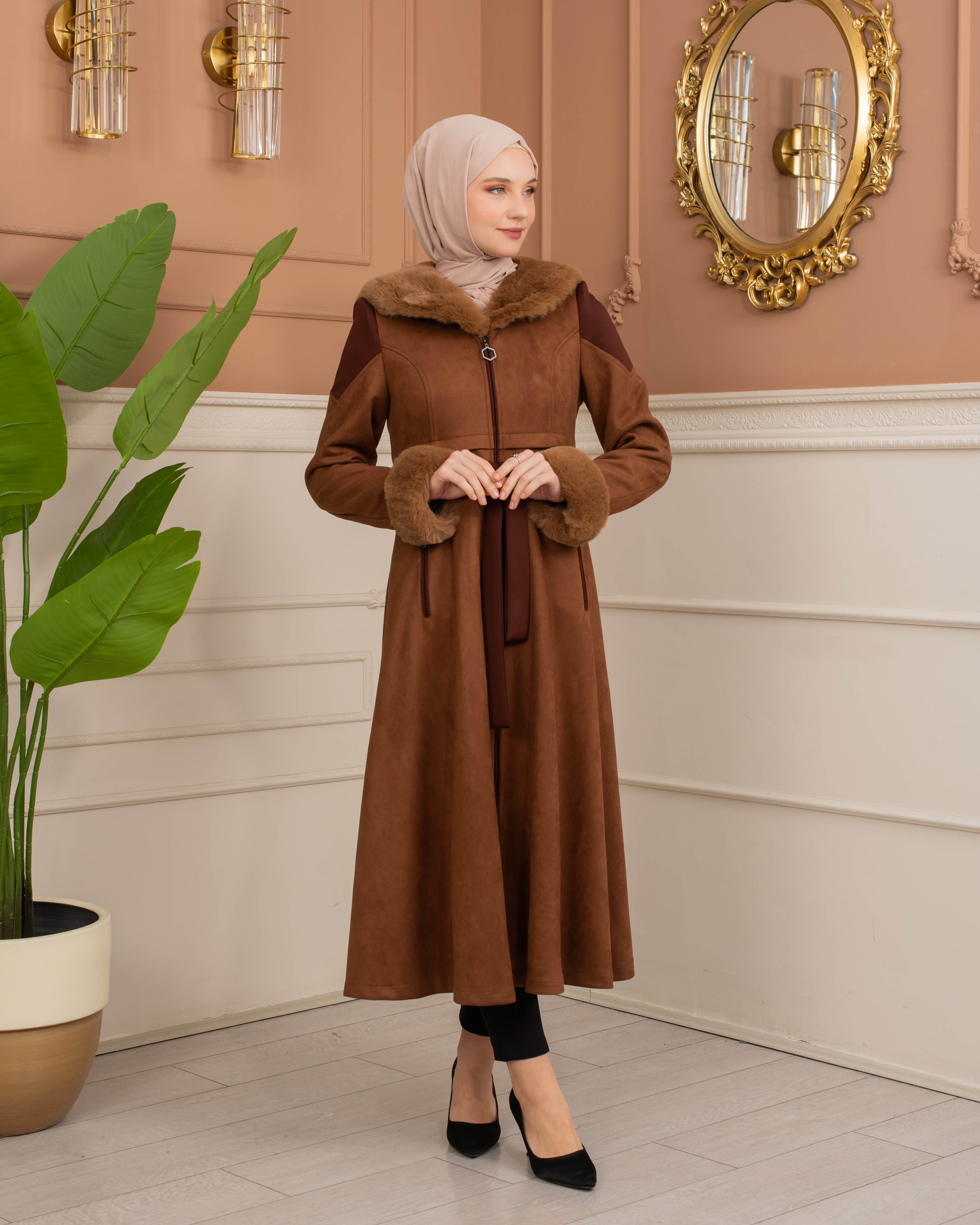 Velvet Suede Trench Coat with Faux Fur Lining, Code 1366 - tan