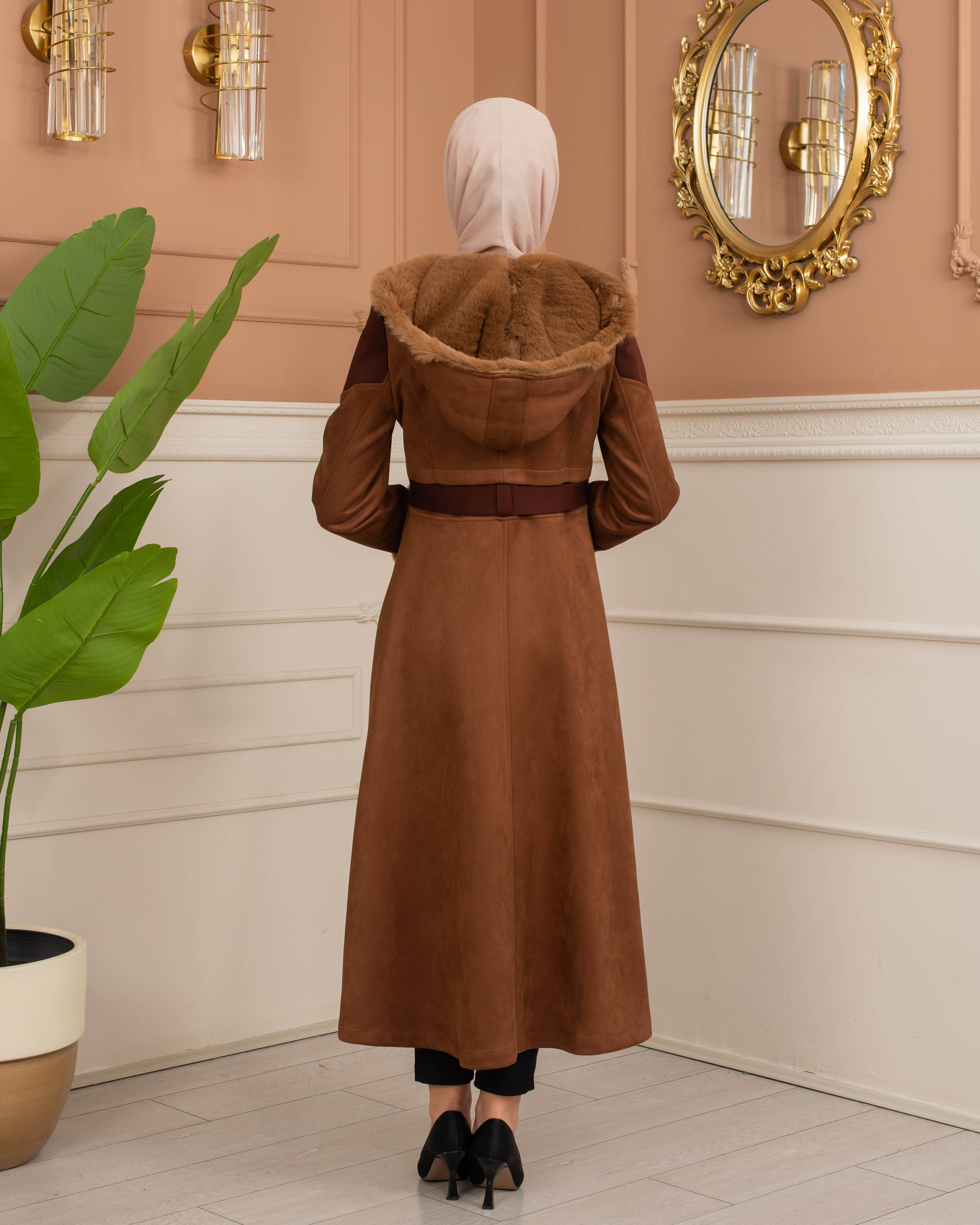 Velvet Suede Trench Coat with Faux Fur Lining, Code 1366 - tan