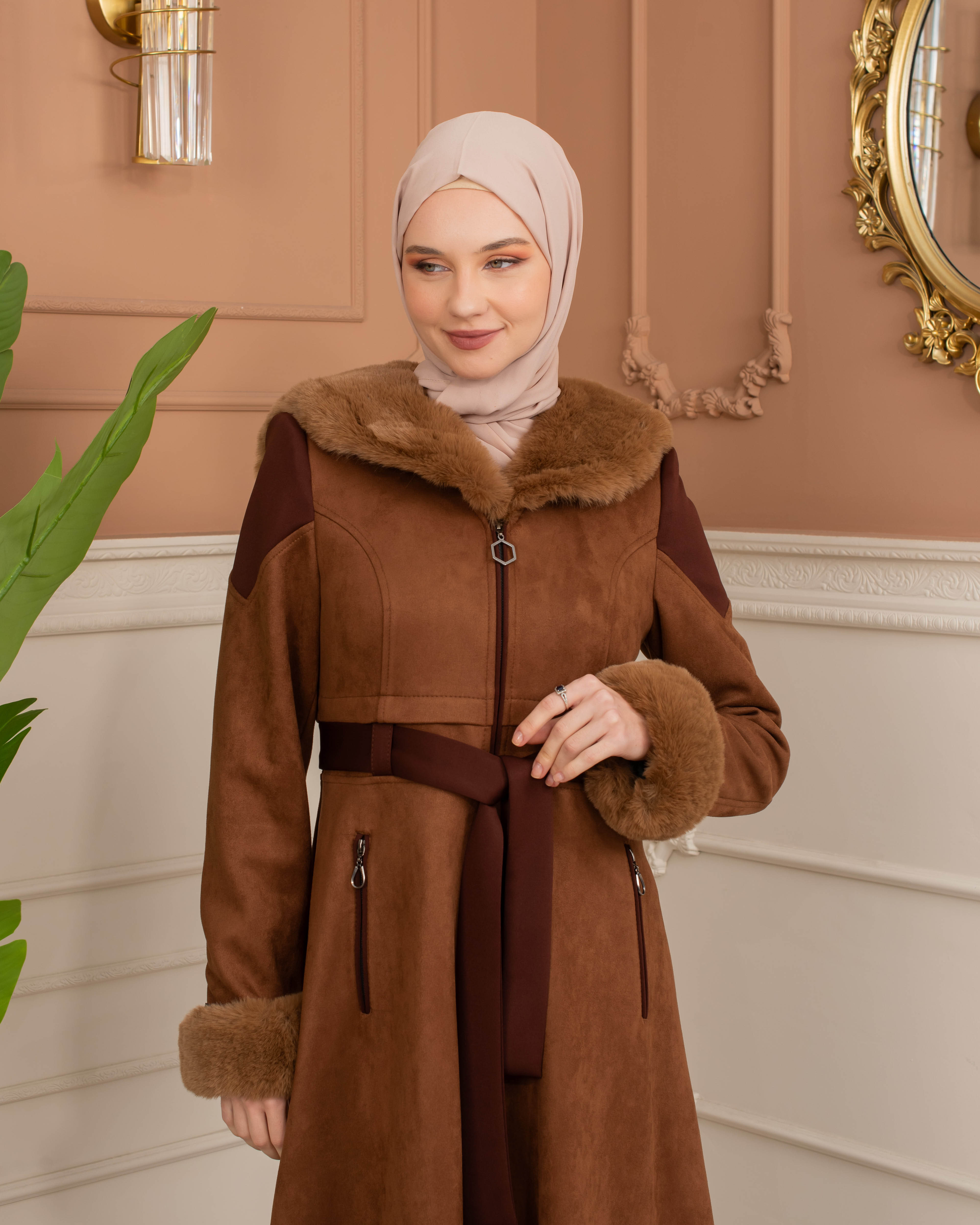 Velvet Suede Trench Coat with Faux Fur Lining, Code 1366 - tan