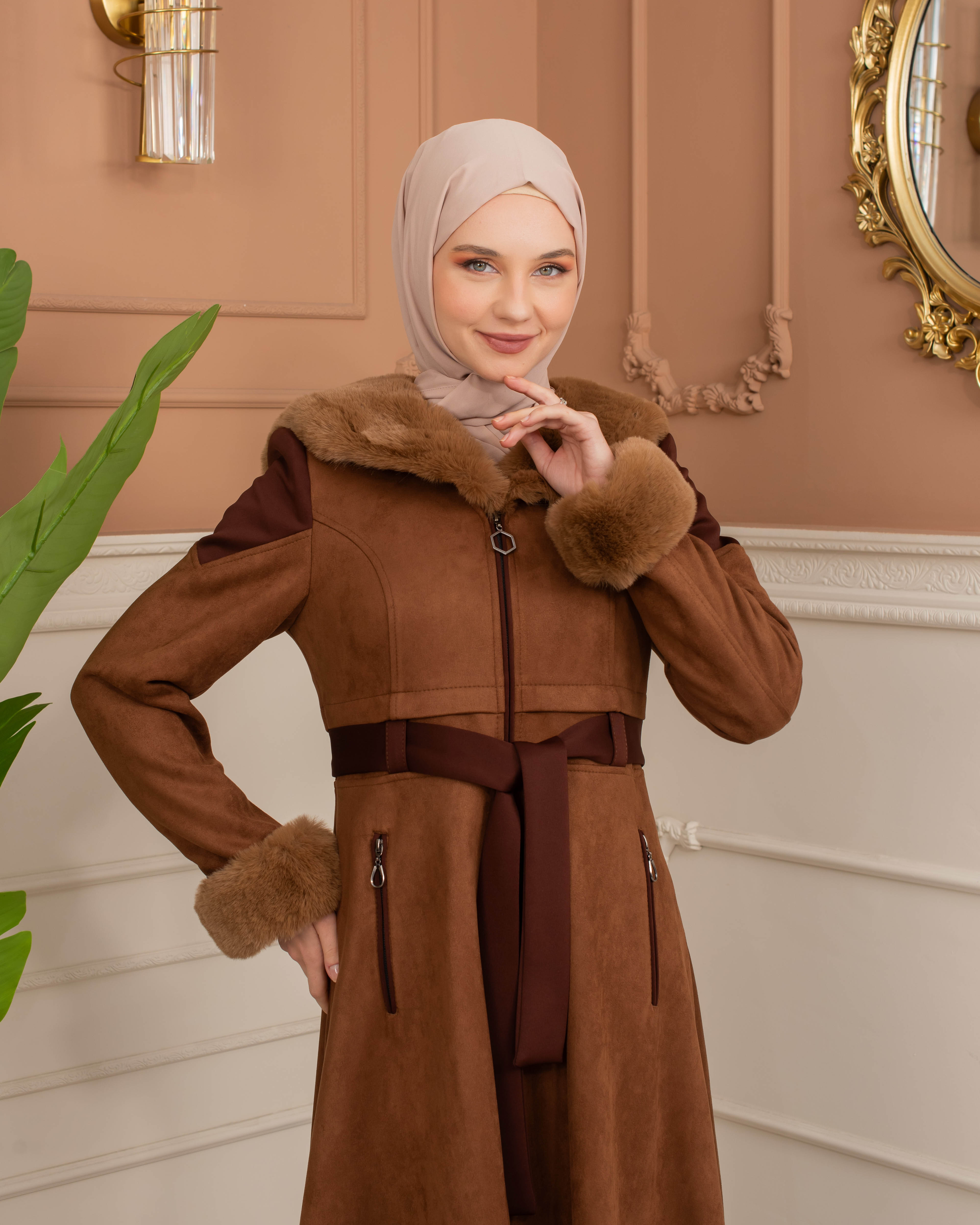 Velvet Suede Trench Coat with Faux Fur Lining, Code 1366 - tan