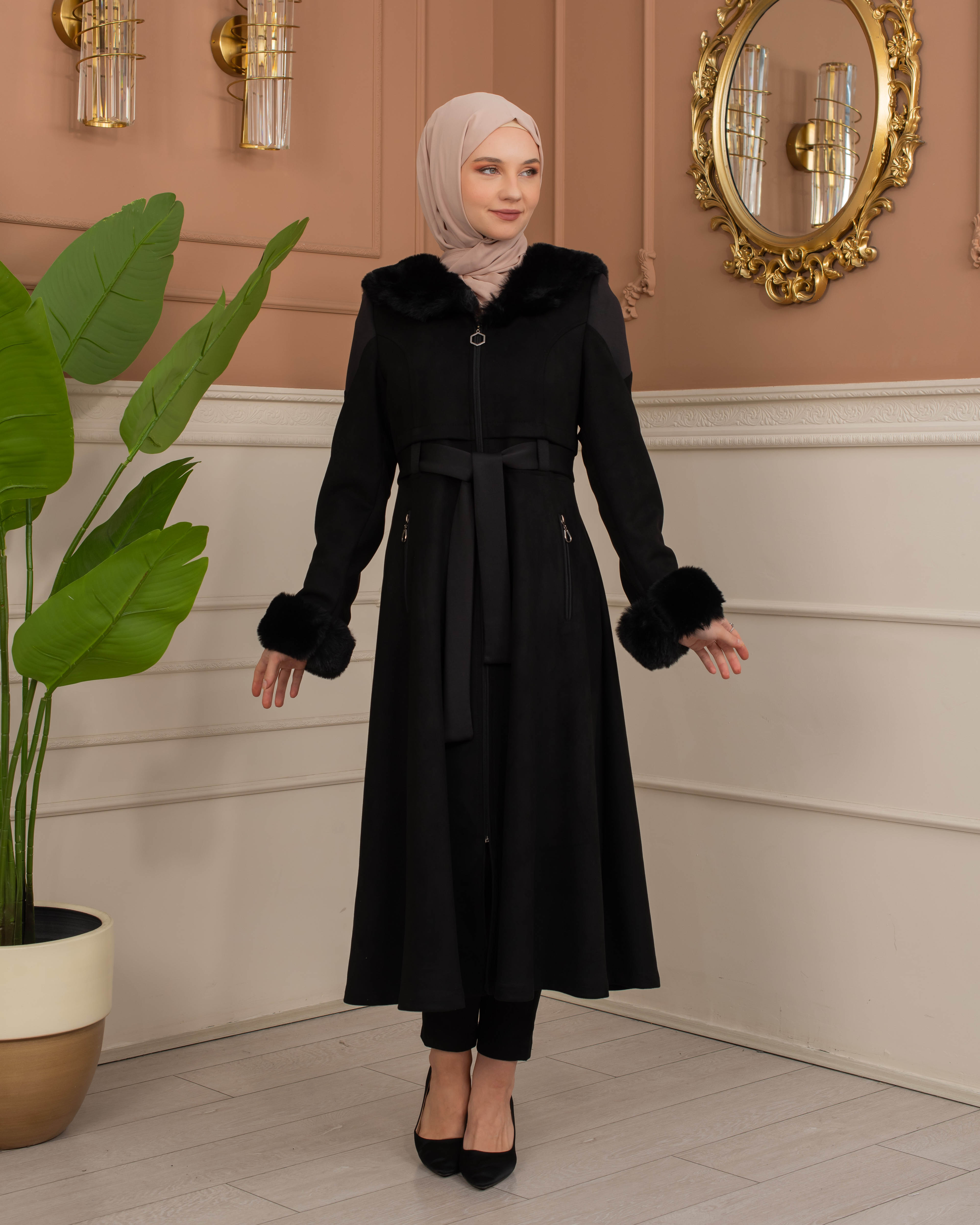 Velvet Suede Trench Coat with Faux Fur Lining, Code 1366 - black