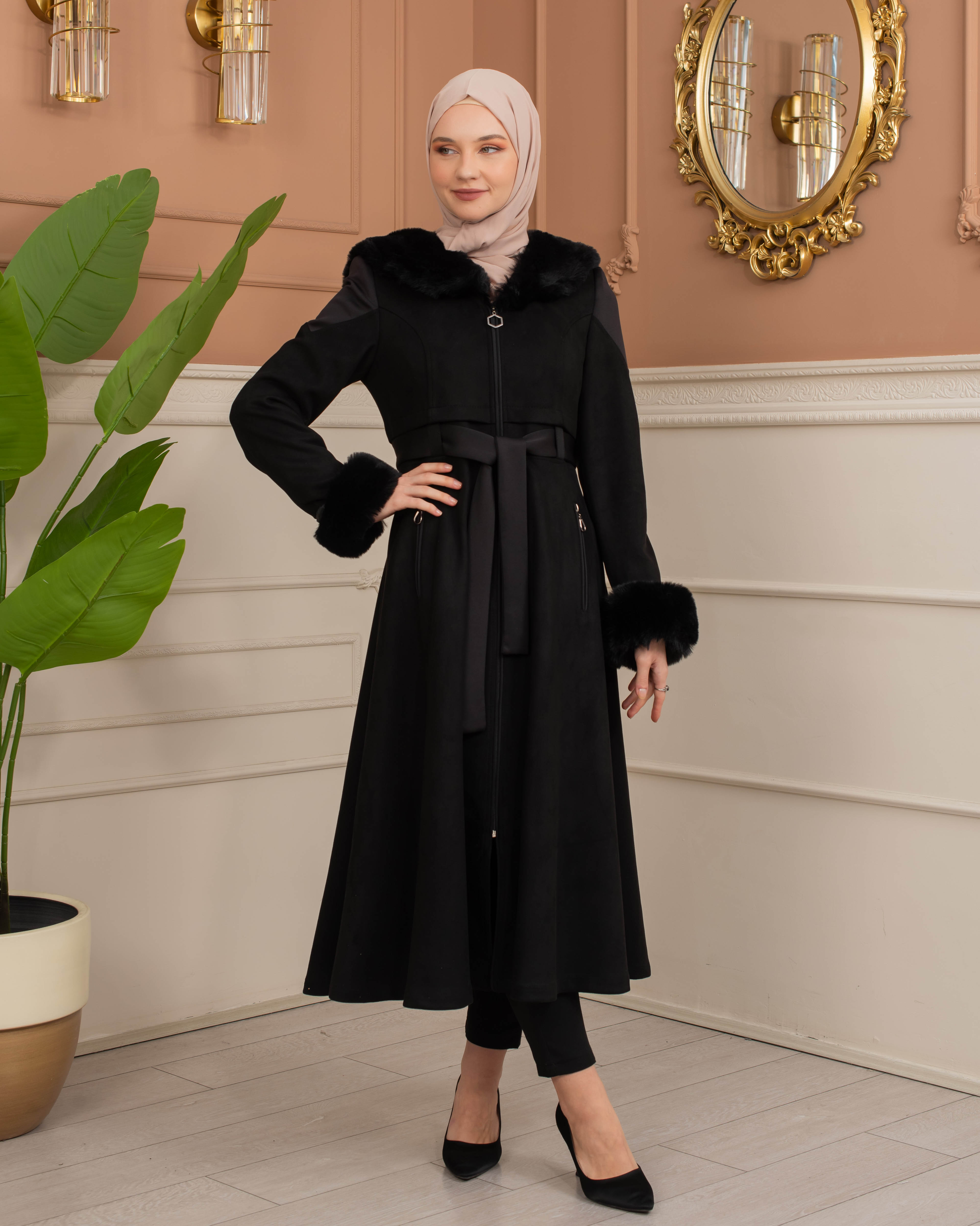 Velvet Suede Trench Coat with Faux Fur Lining, Code 1366 - black