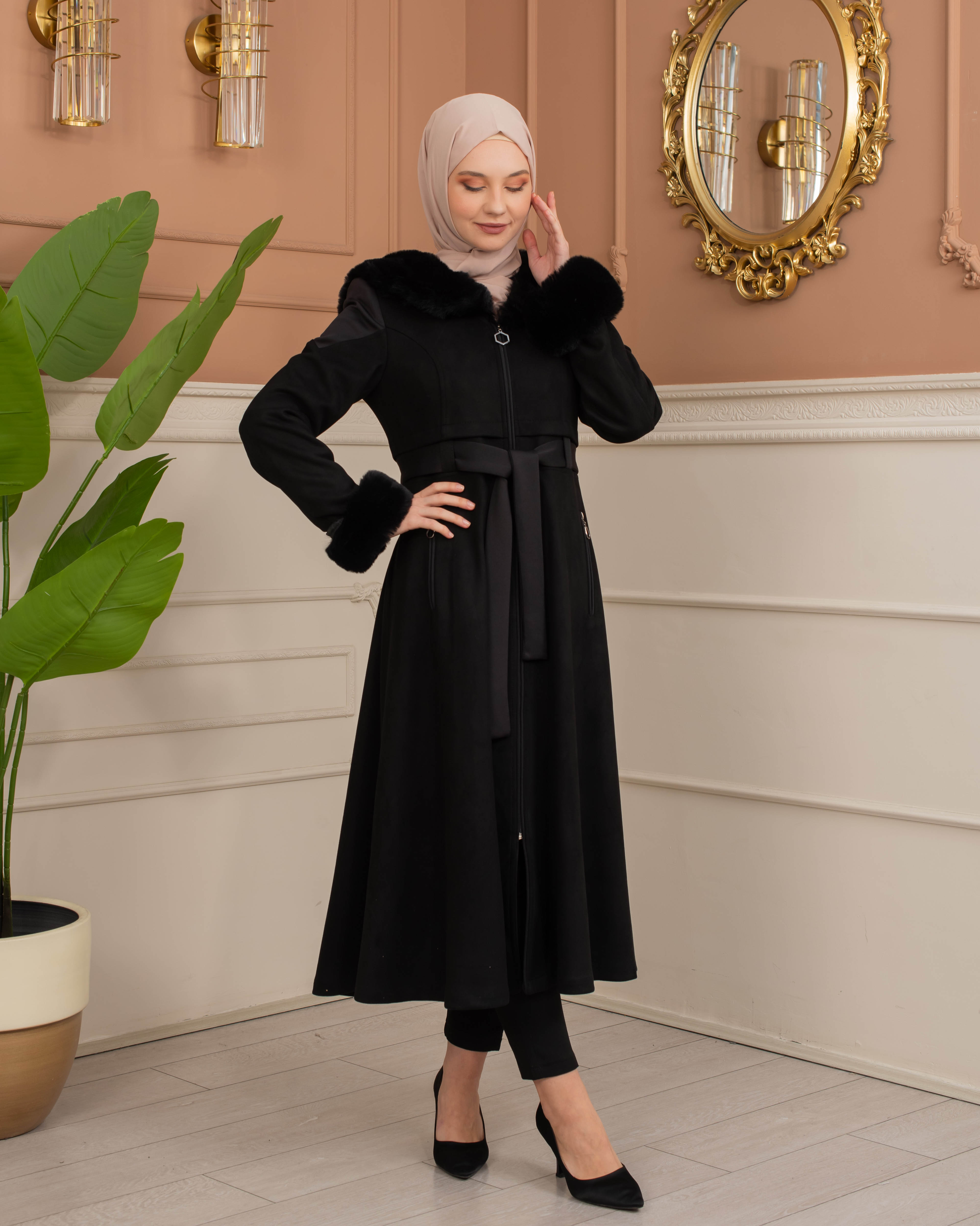 Velvet Suede Trench Coat with Faux Fur Lining, Code 1366 - black