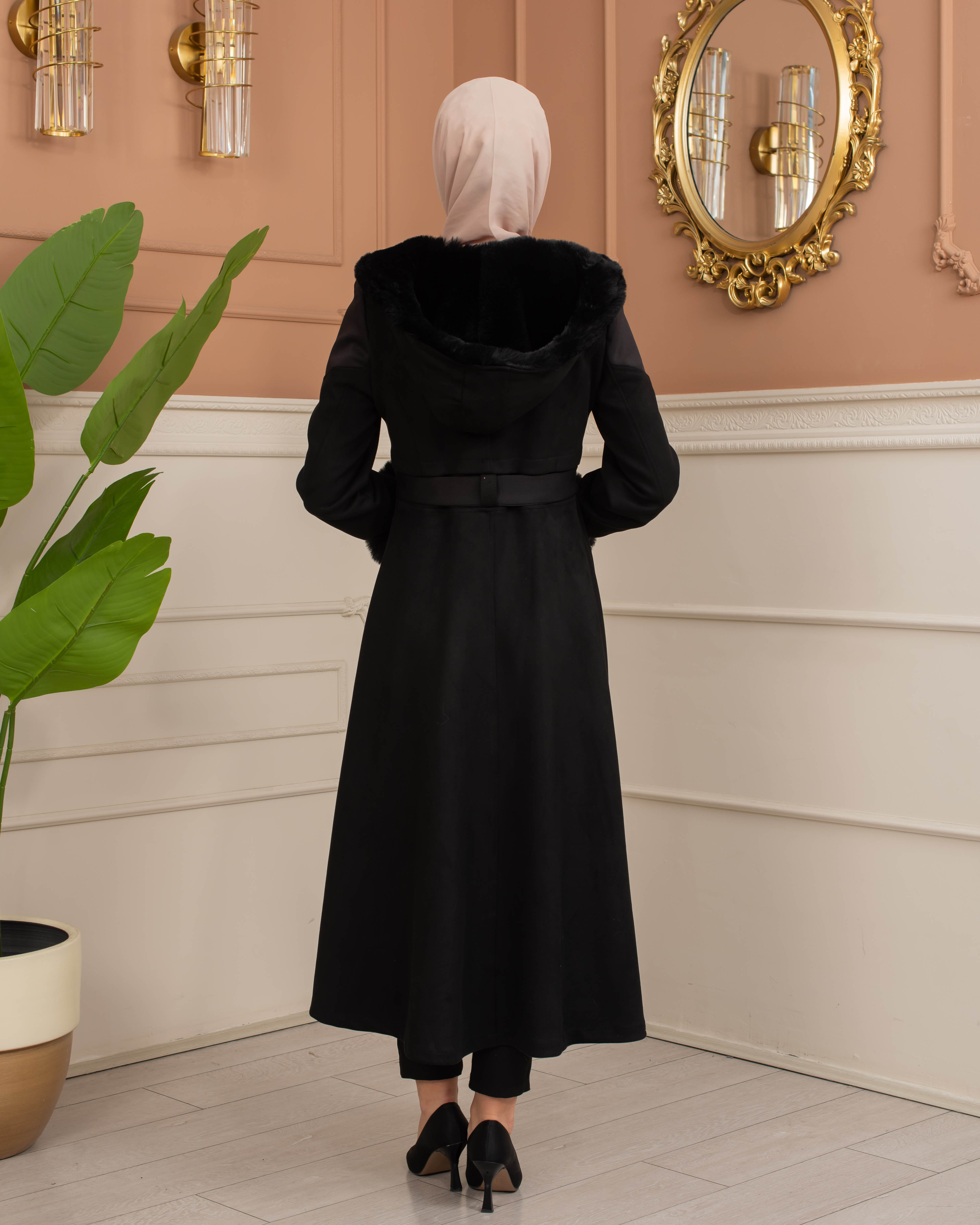 Velvet Suede Trench Coat with Faux Fur Lining, Code 1366 - black