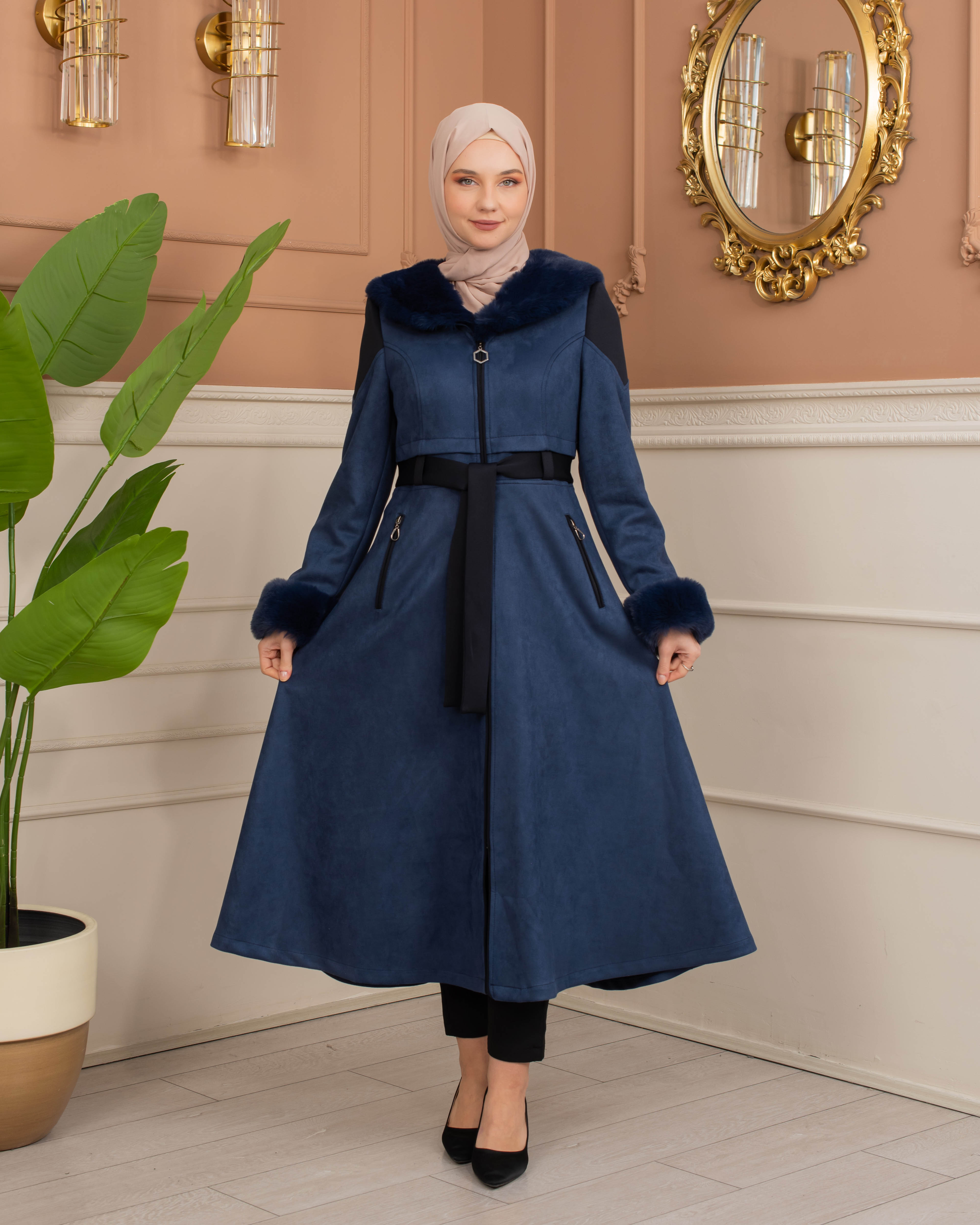 Velvet Suede Trench Coat with Faux Fur Lining, Code 1366 - deep blue