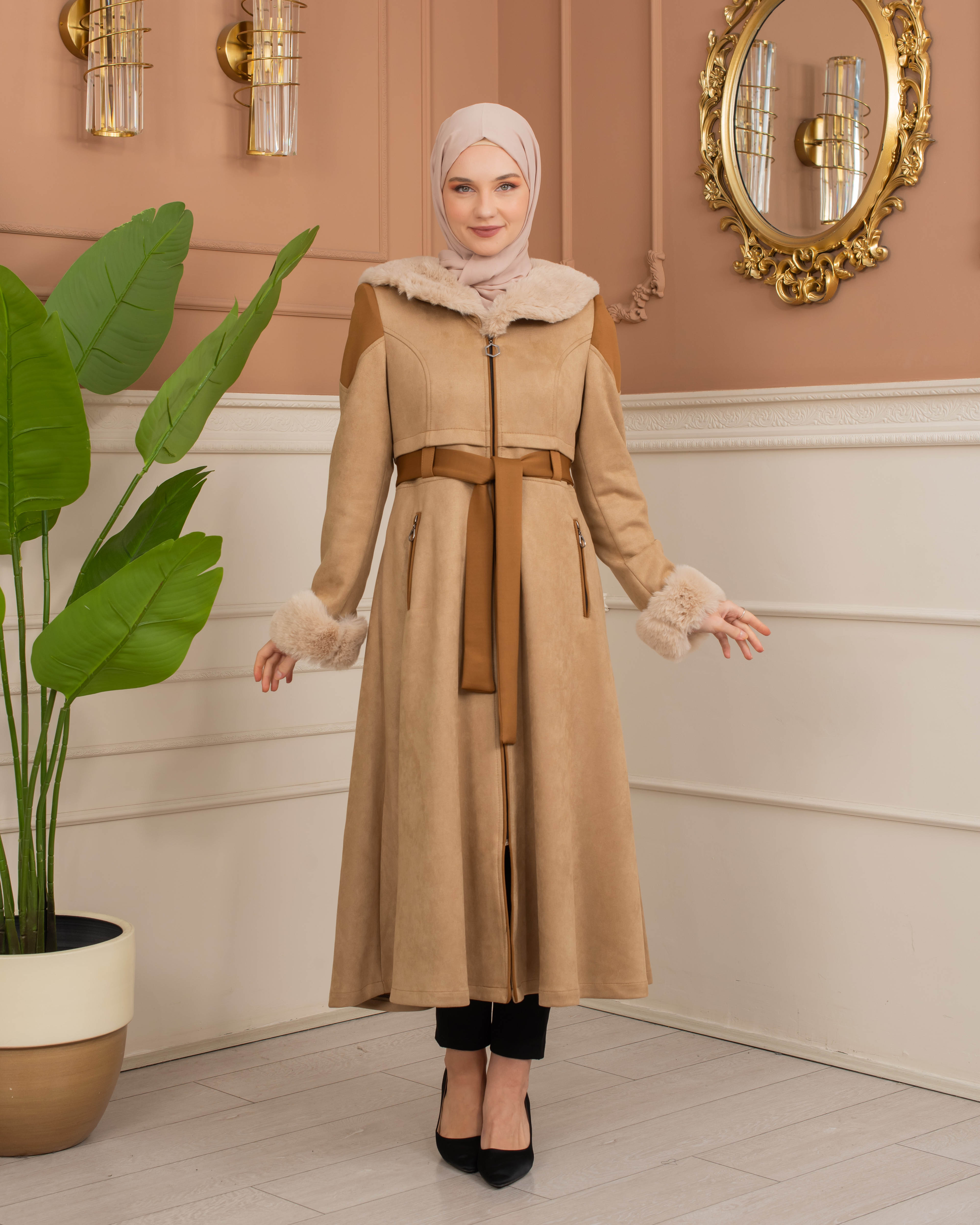 Velvet Suede Trench Coat with Faux Fur Lining, Code 1366 - beige