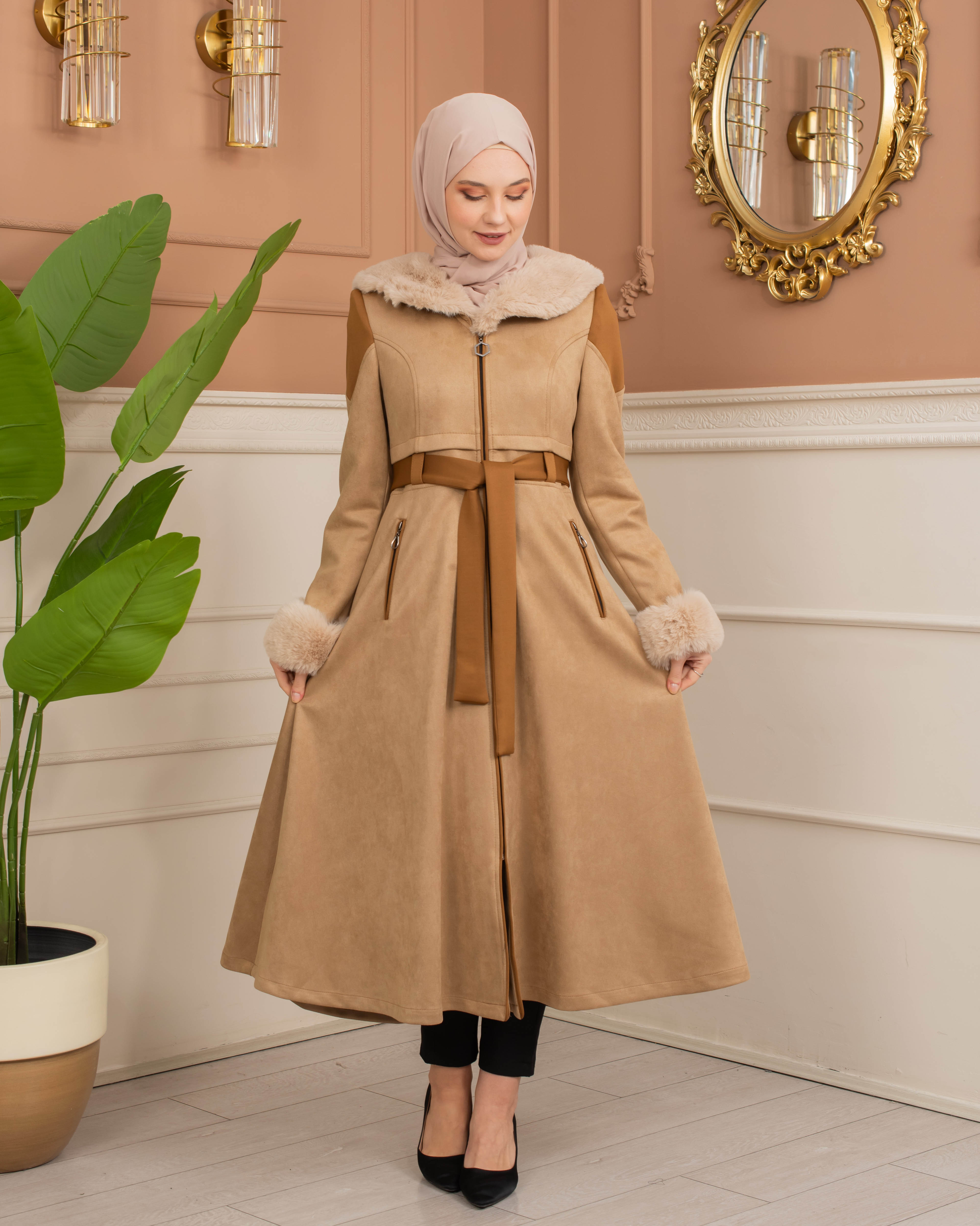 Velvet Suede Trench Coat with Faux Fur Lining, Code 1366 - beige