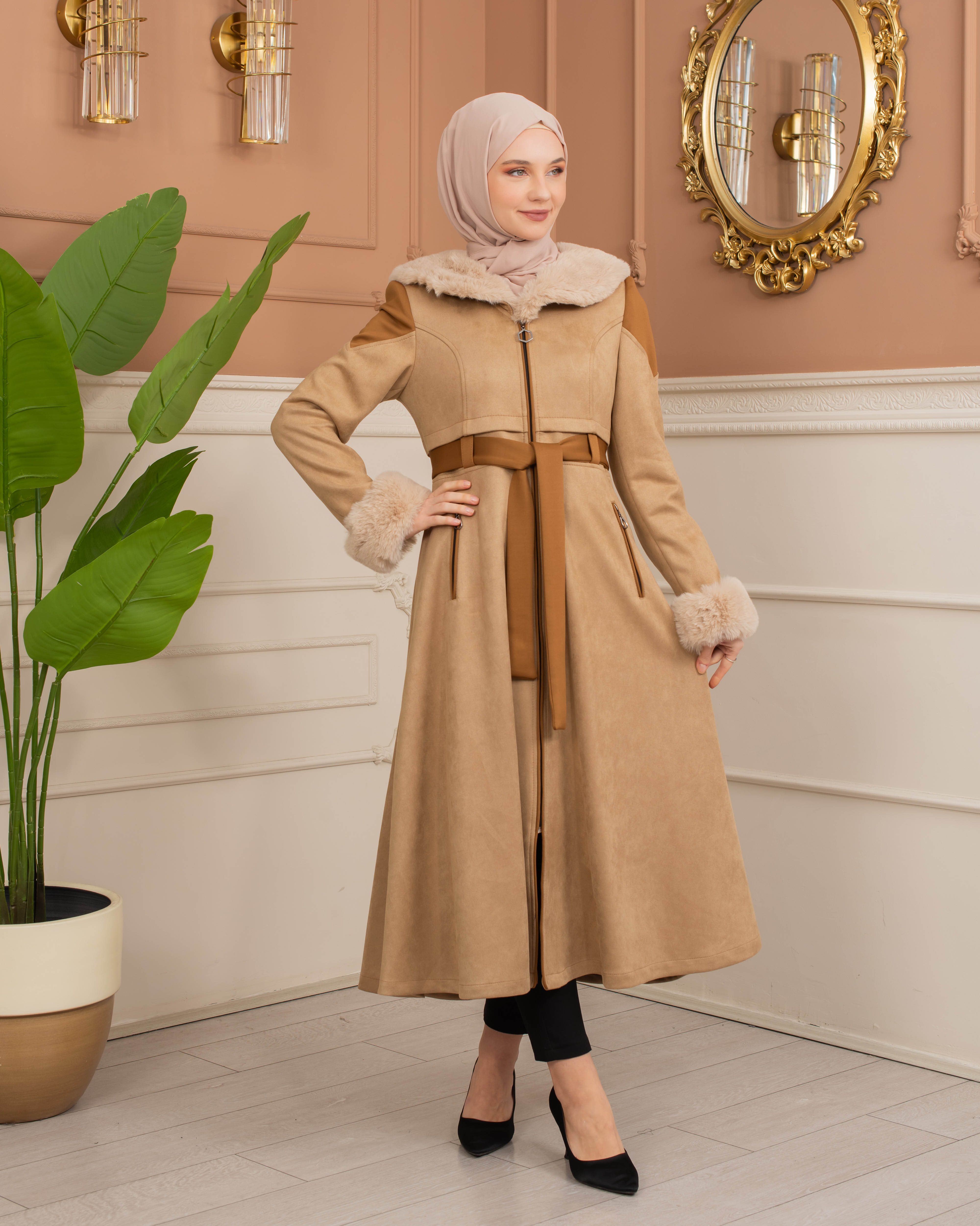 Velvet Suede Trench Coat with Faux Fur Lining, Code 1366 - beige