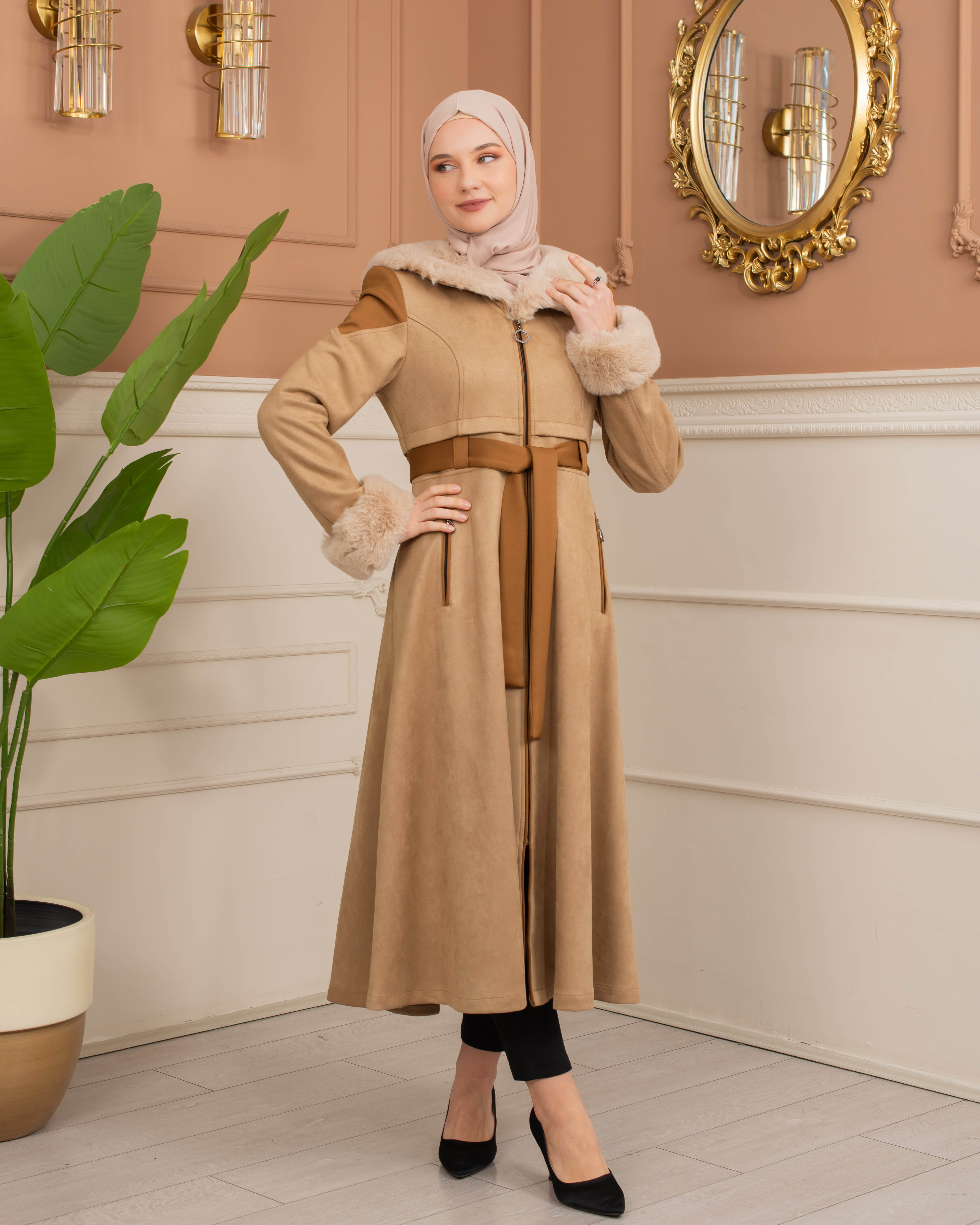 Velvet Suede Trench Coat with Faux Fur Lining, Code 1366 - beige