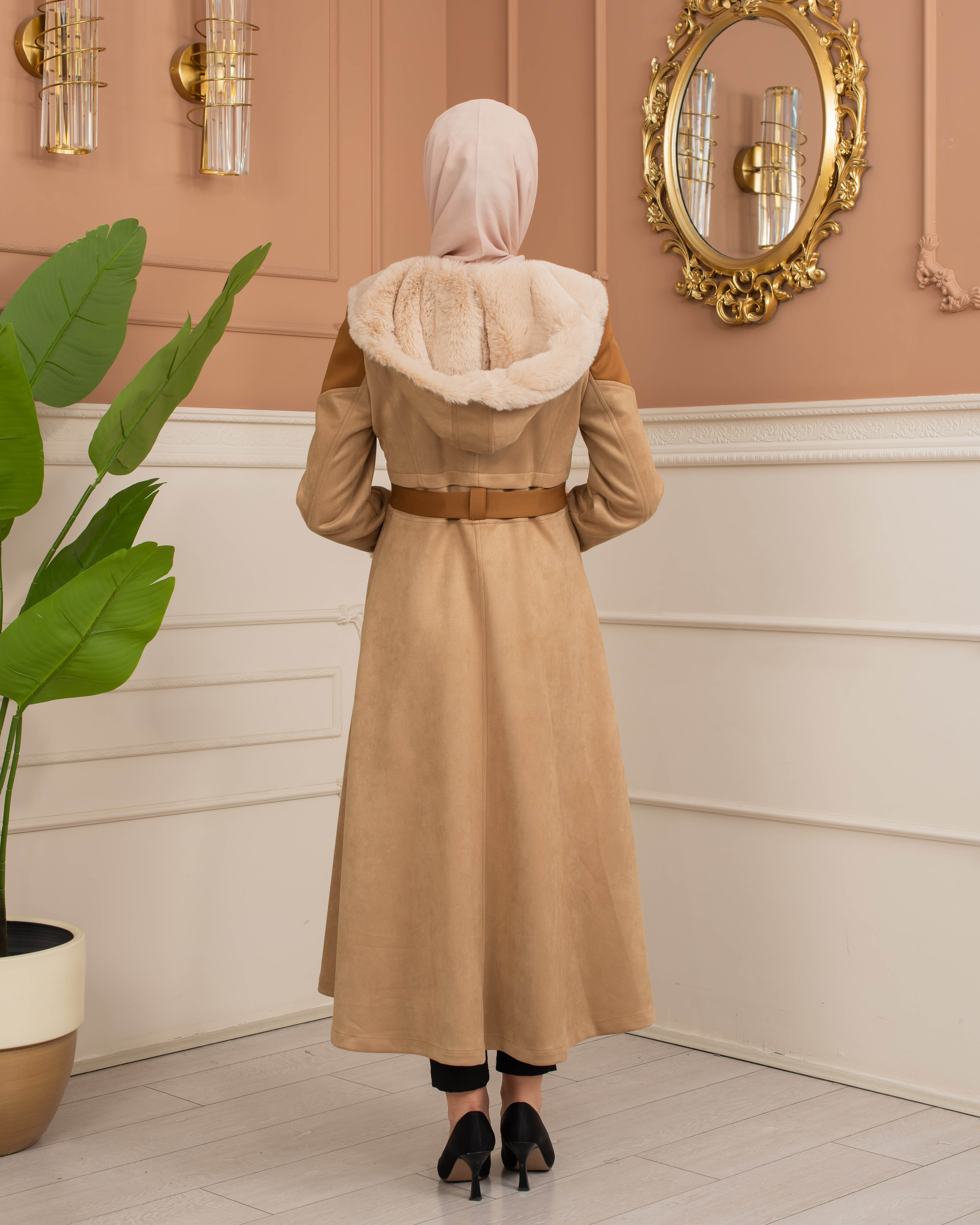 Velvet Suede Trench Coat with Faux Fur Lining, Code 1366 - beige