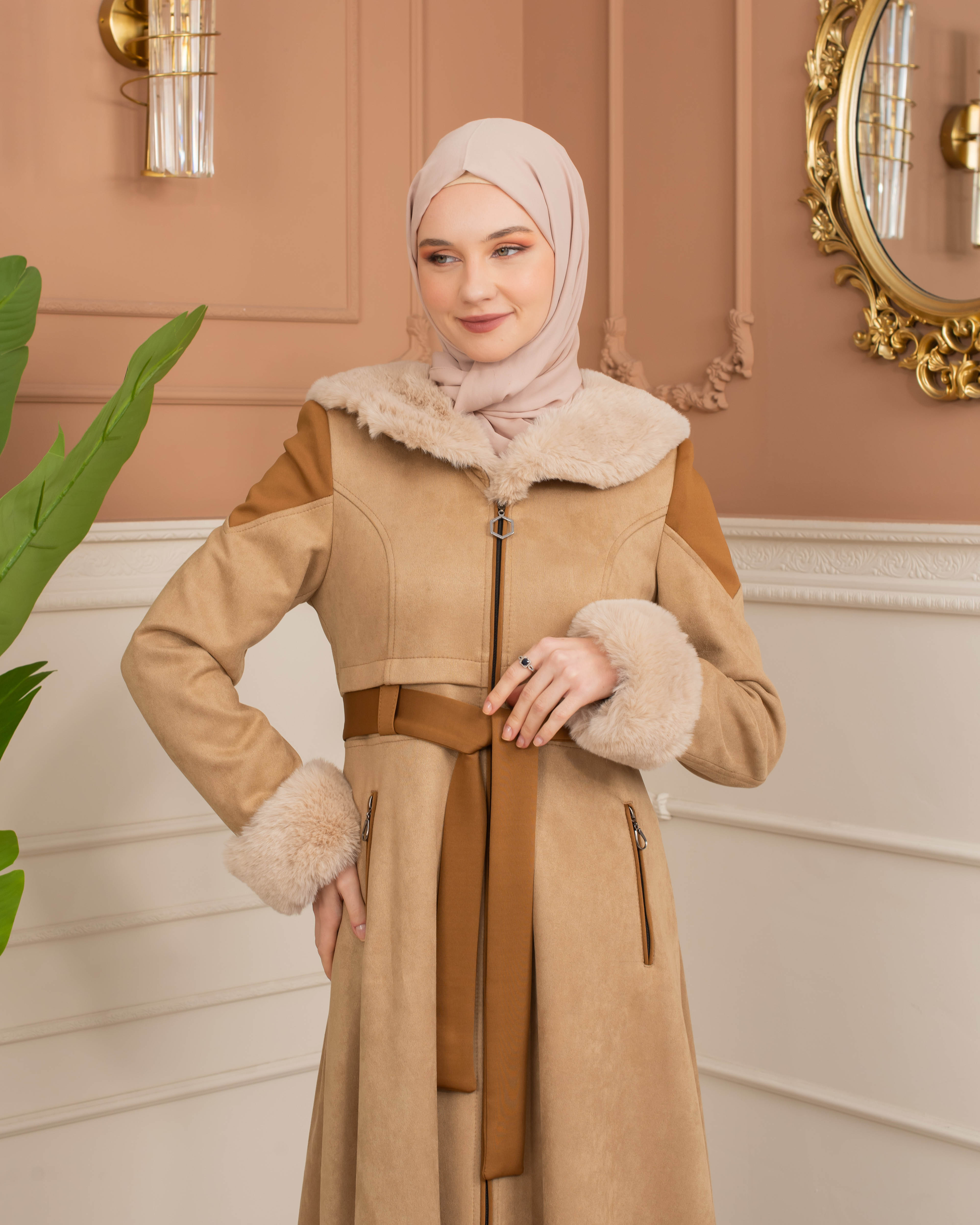 Velvet Suede Trench Coat with Faux Fur Lining, Code 1366 - beige