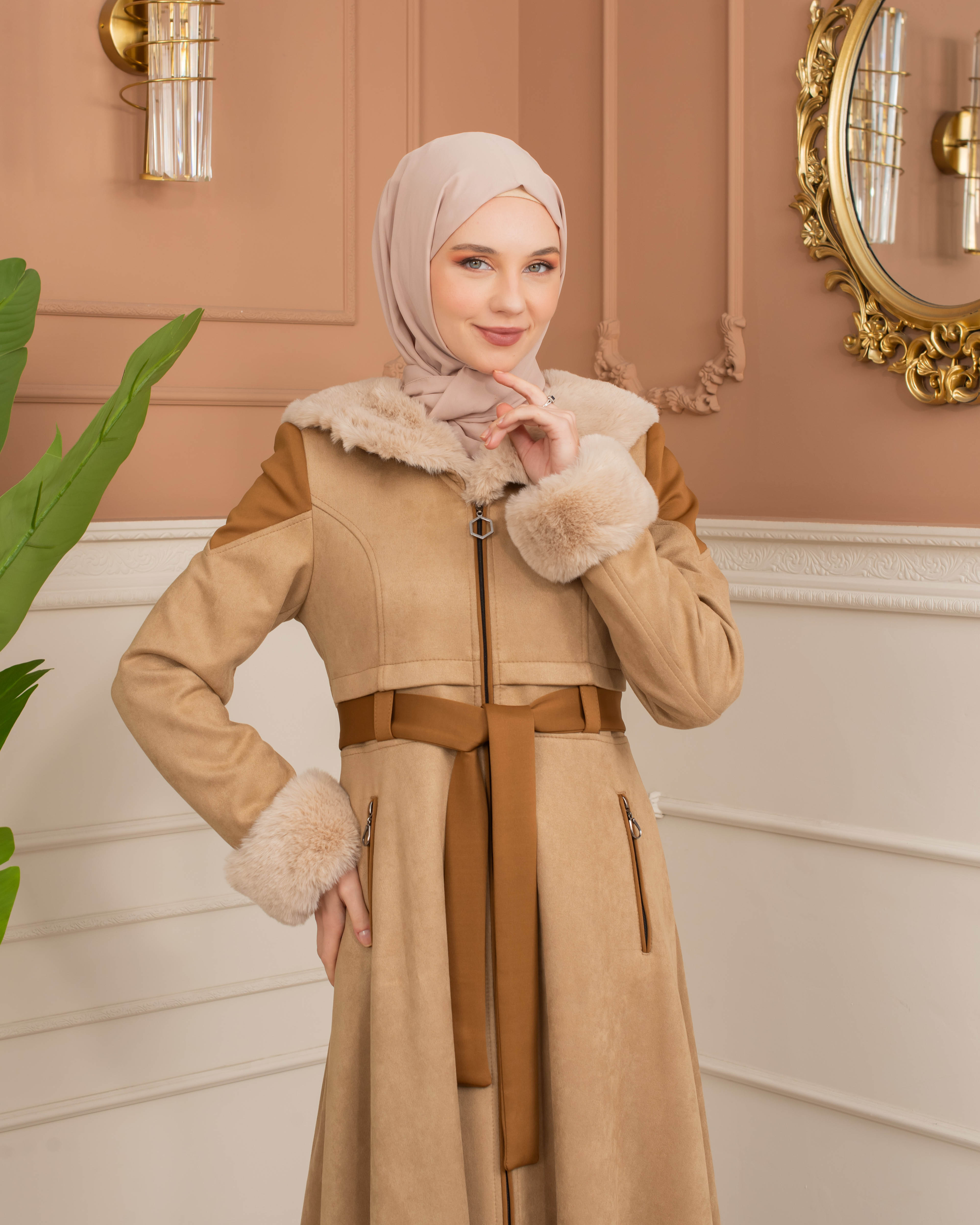 Velvet Suede Trench Coat with Faux Fur Lining, Code 1366 - beige