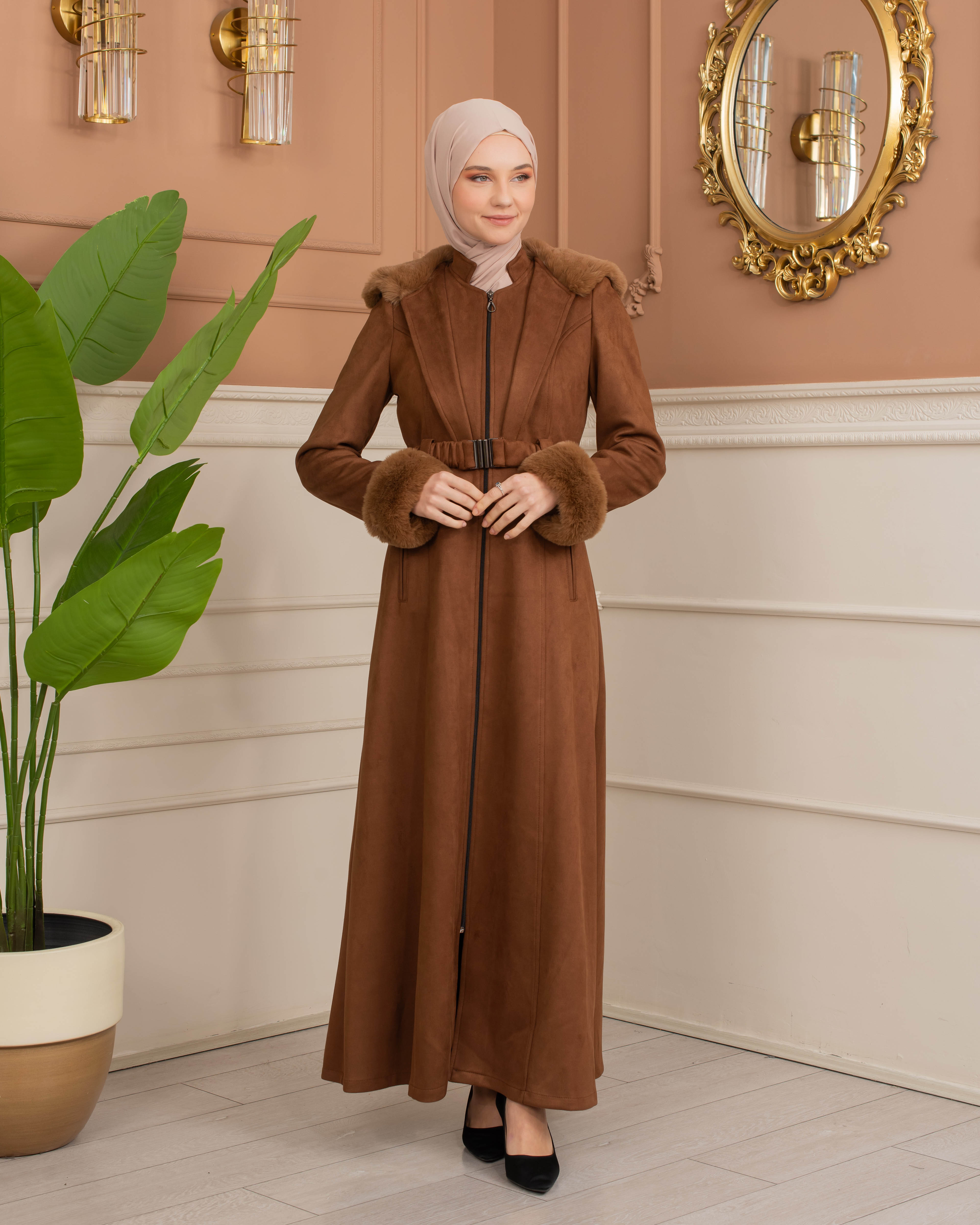 Velvet Suede Trench Coat with Faux Fur Lining, Code 1368 - brown