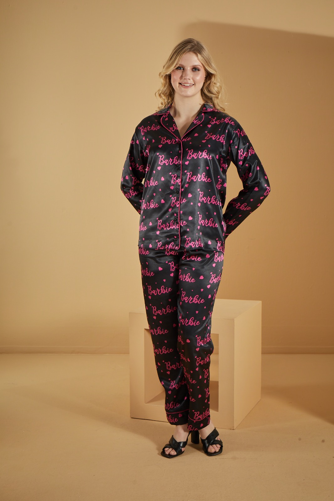 Satin Pajamas with Barbie Details - 1093-1 - deep blue