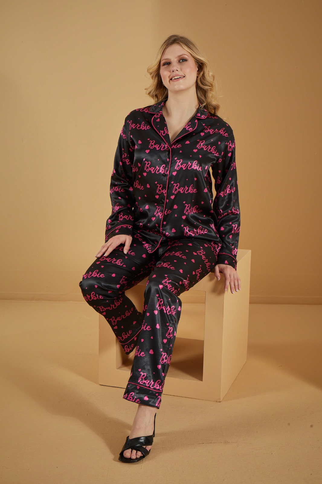 Satin Pajamas with Barbie Details - 1093-1 - deep blue