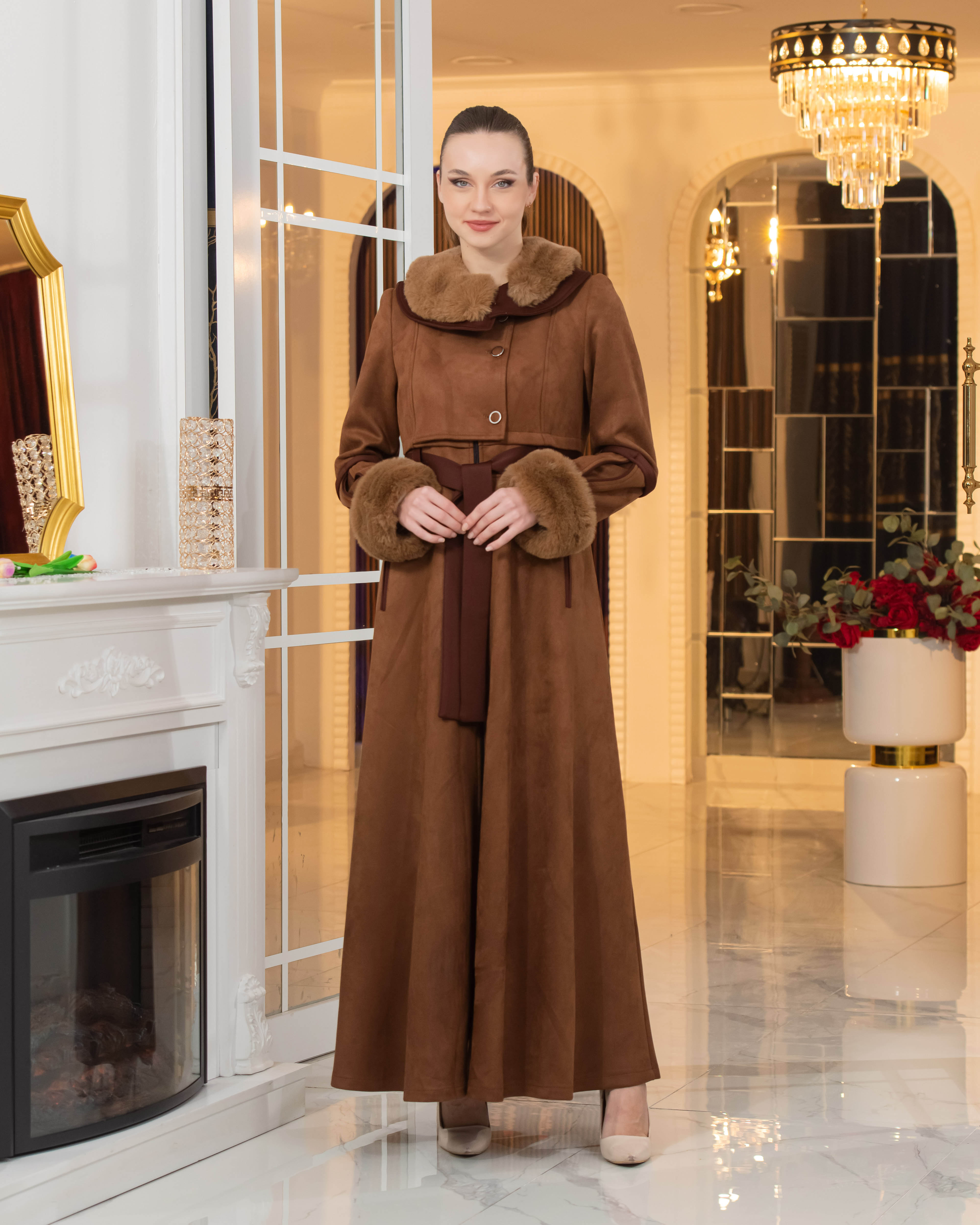 Long Suede Coat with Fur Lining - Code 1373 - brown