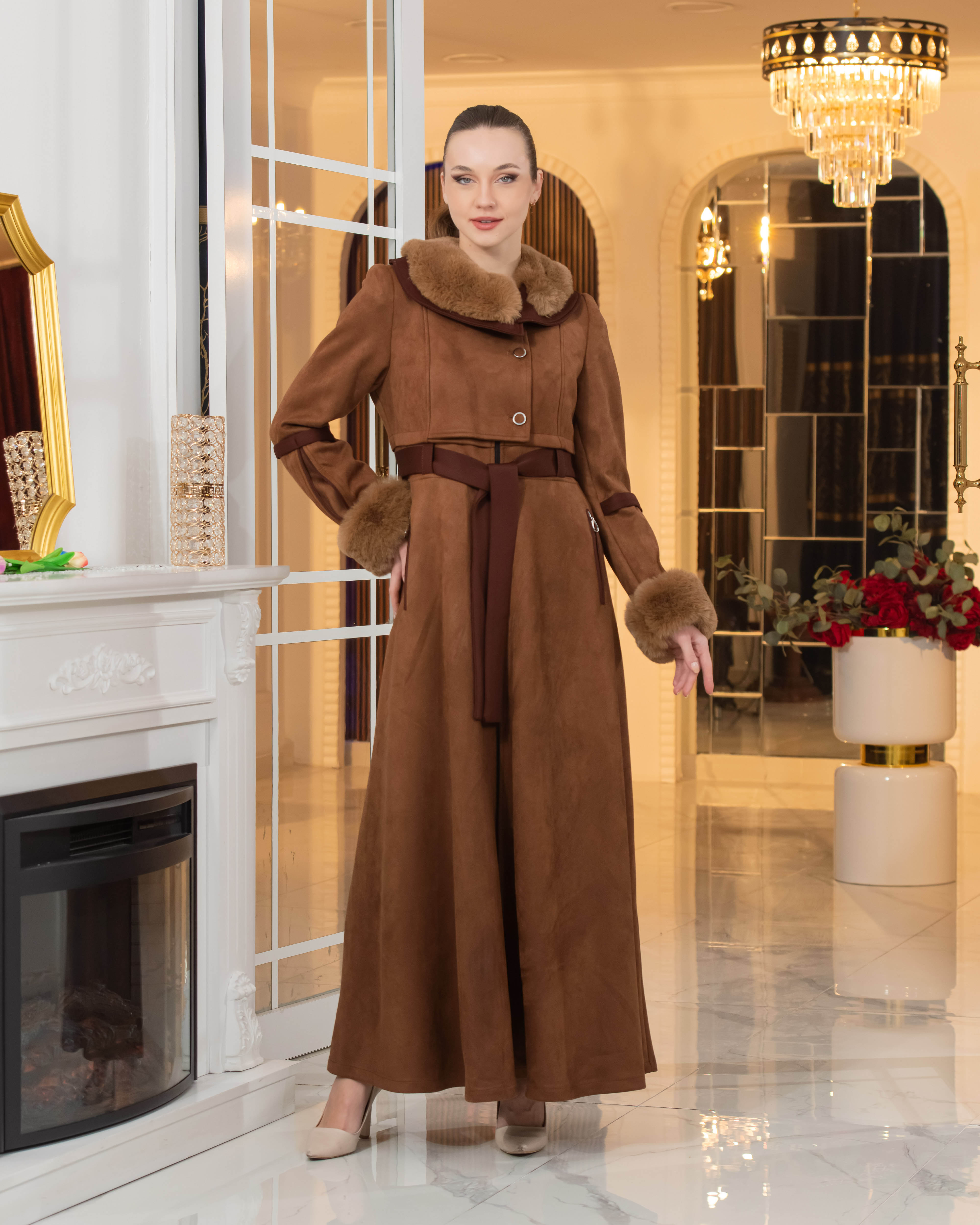 Long Suede Coat with Fur Lining Code 1373 brown HIJAB CLOTHING Moda Mix Moda Mix