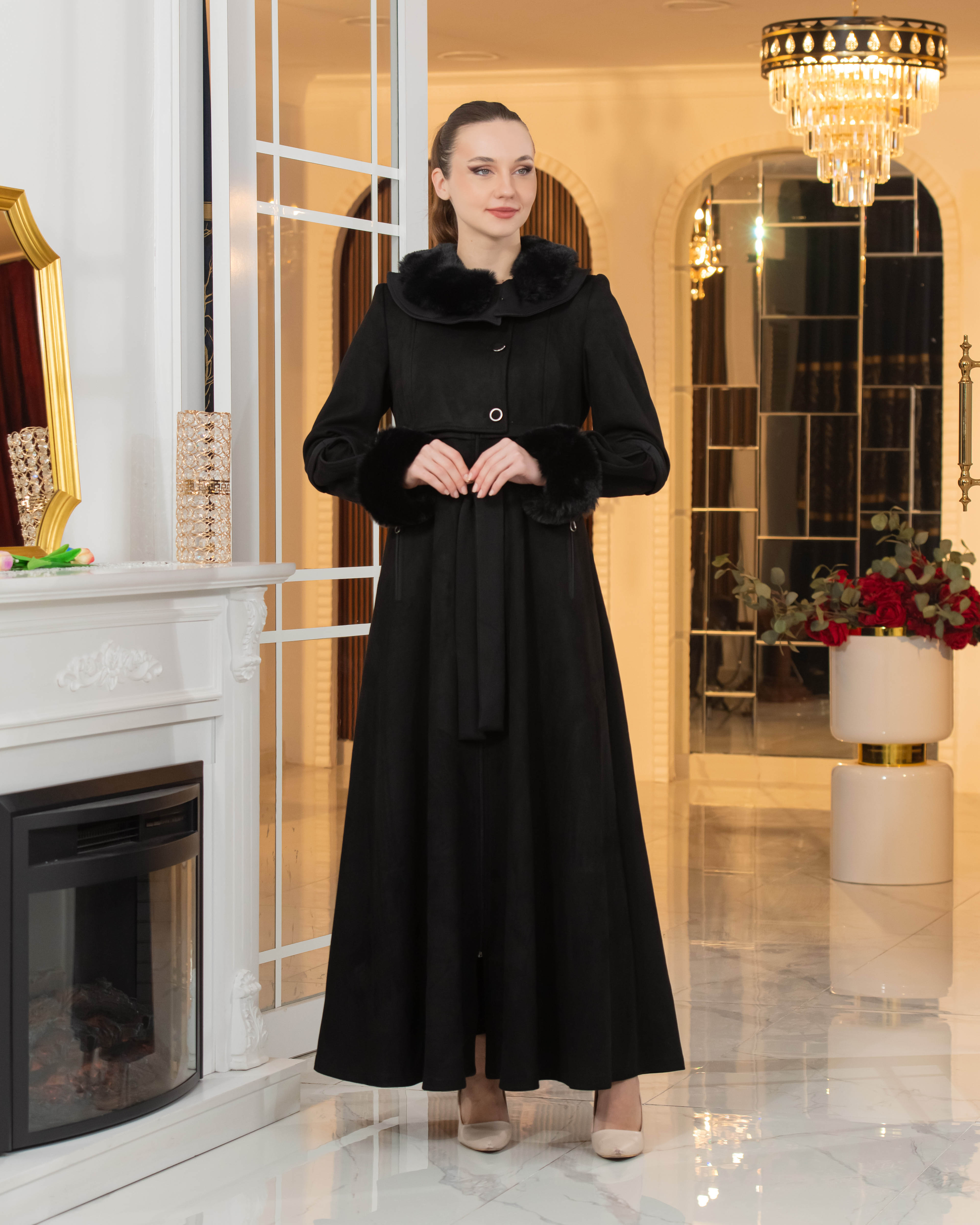 Long Suede Coat with Fur Lining - Code 1373 - black