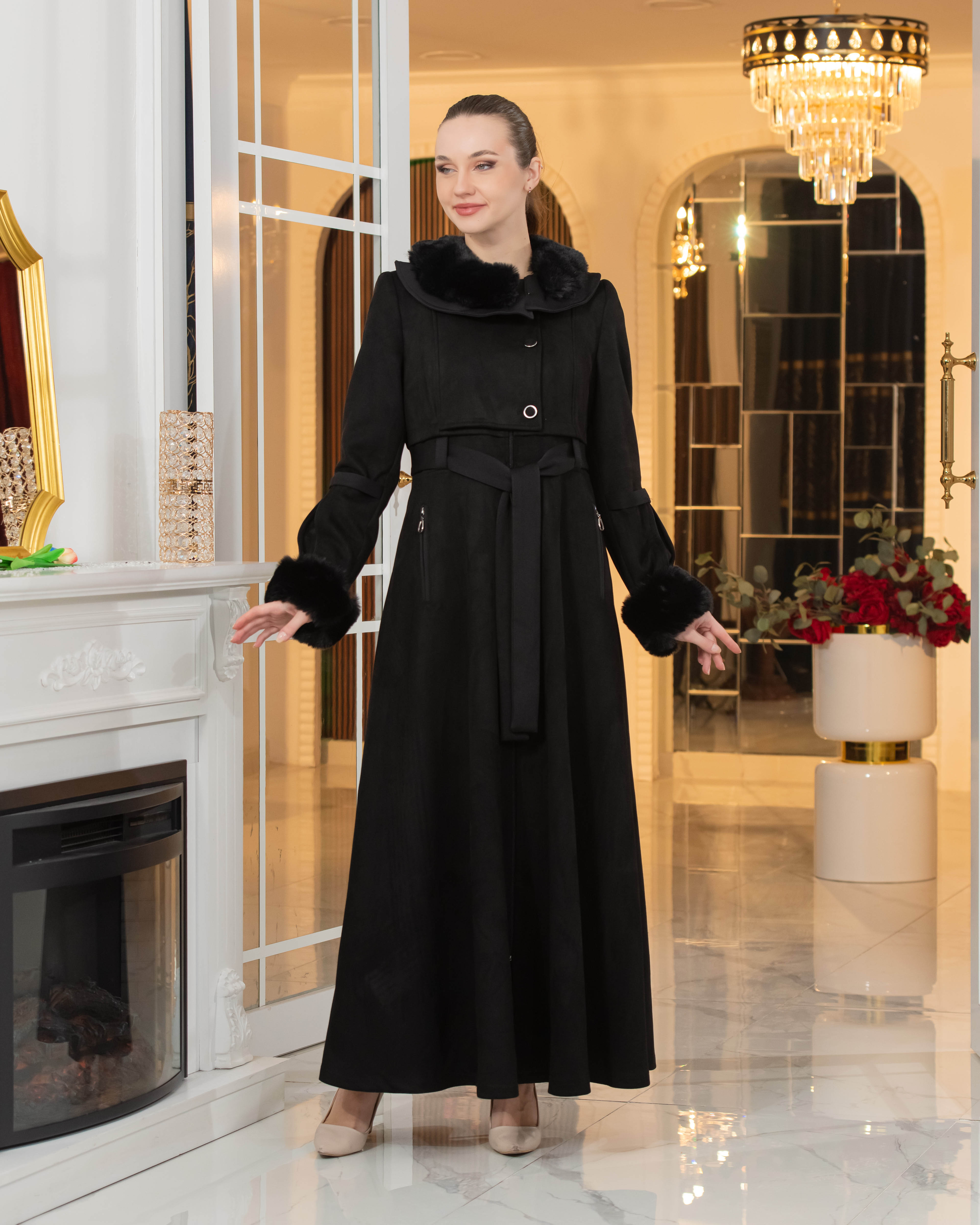 Long Suede Coat with Fur Lining - Code 1373 - black