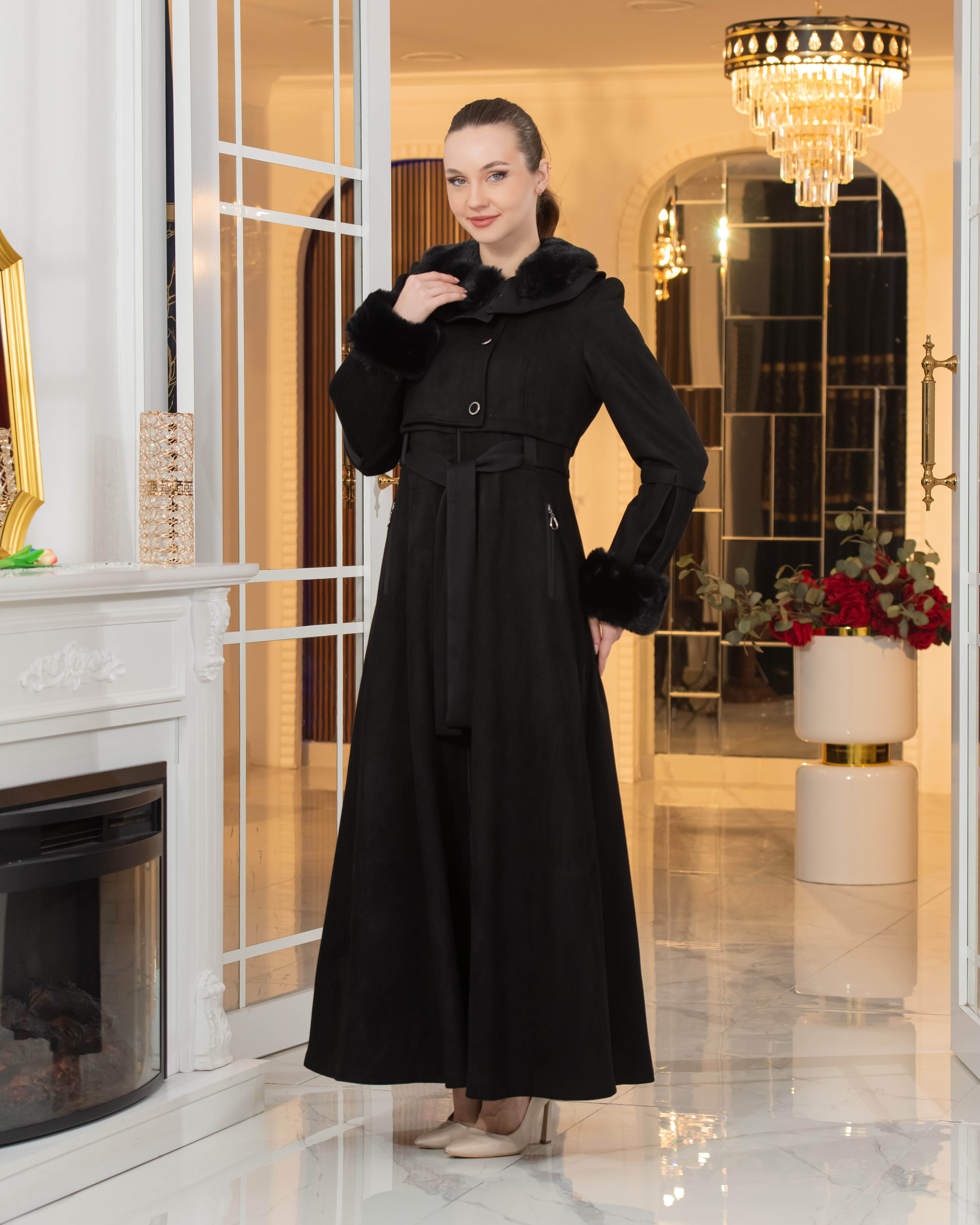 Long Suede Coat with Fur Lining - Code 1373 - black