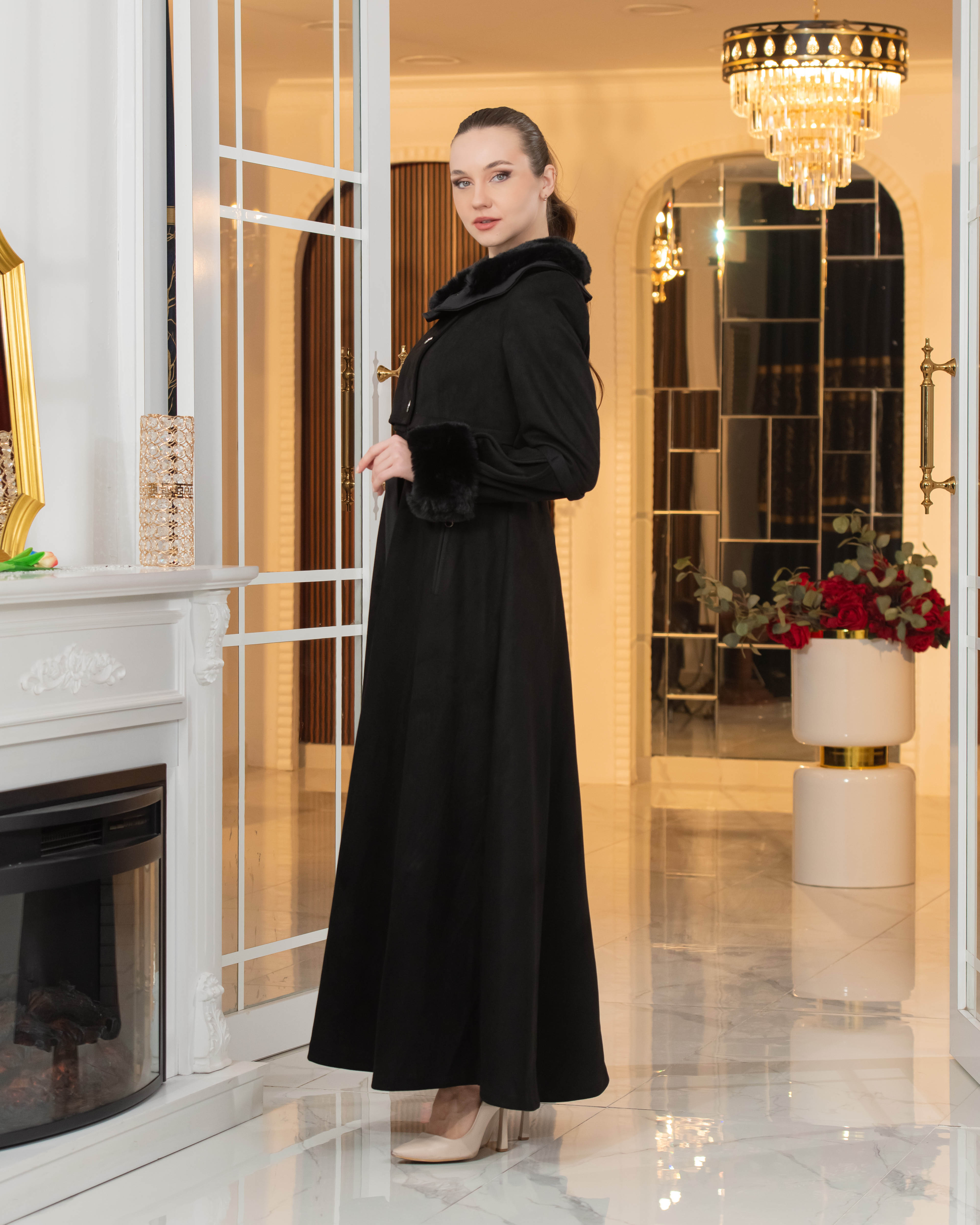 Long Suede Coat with Fur Lining - Code 1373 - black