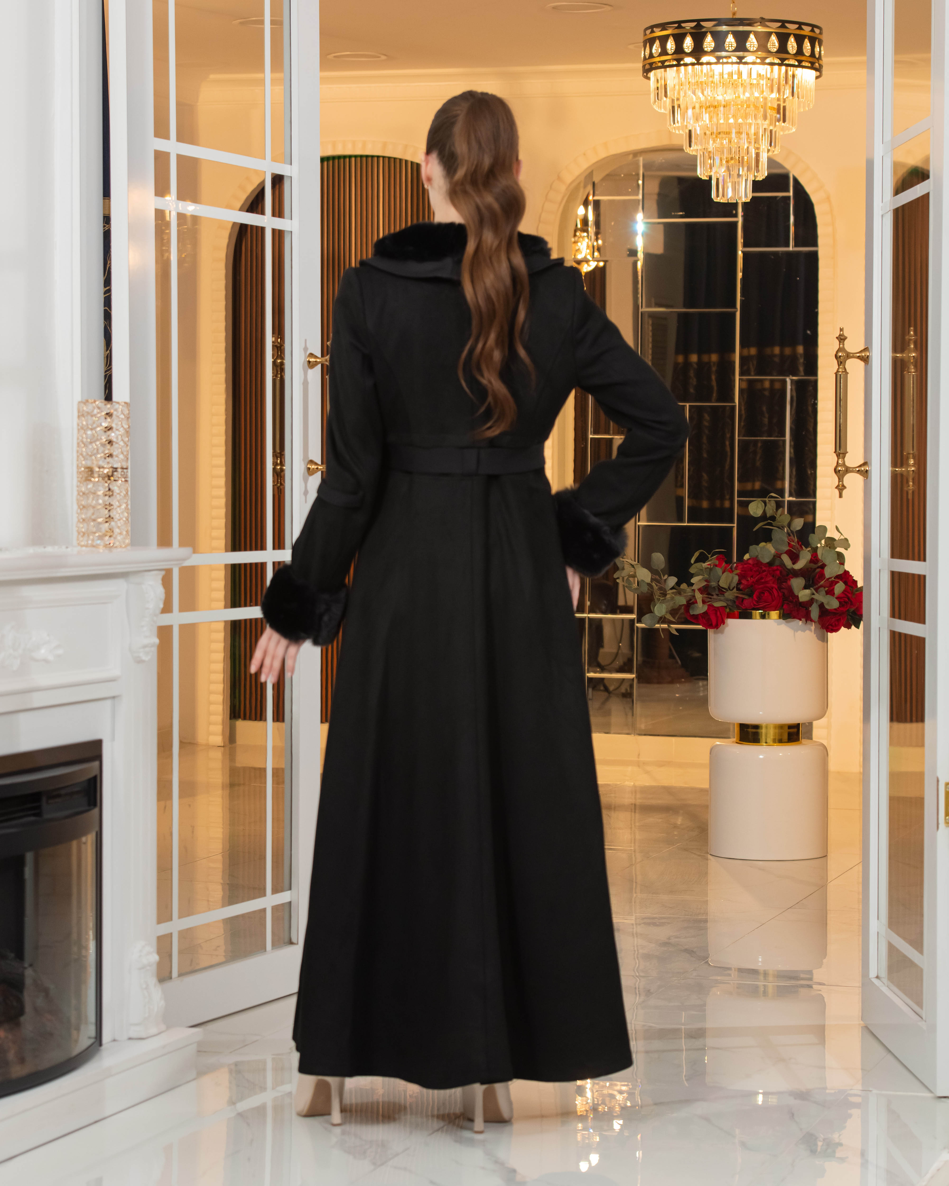 Long Suede Coat with Fur Lining - Code 1373 - black