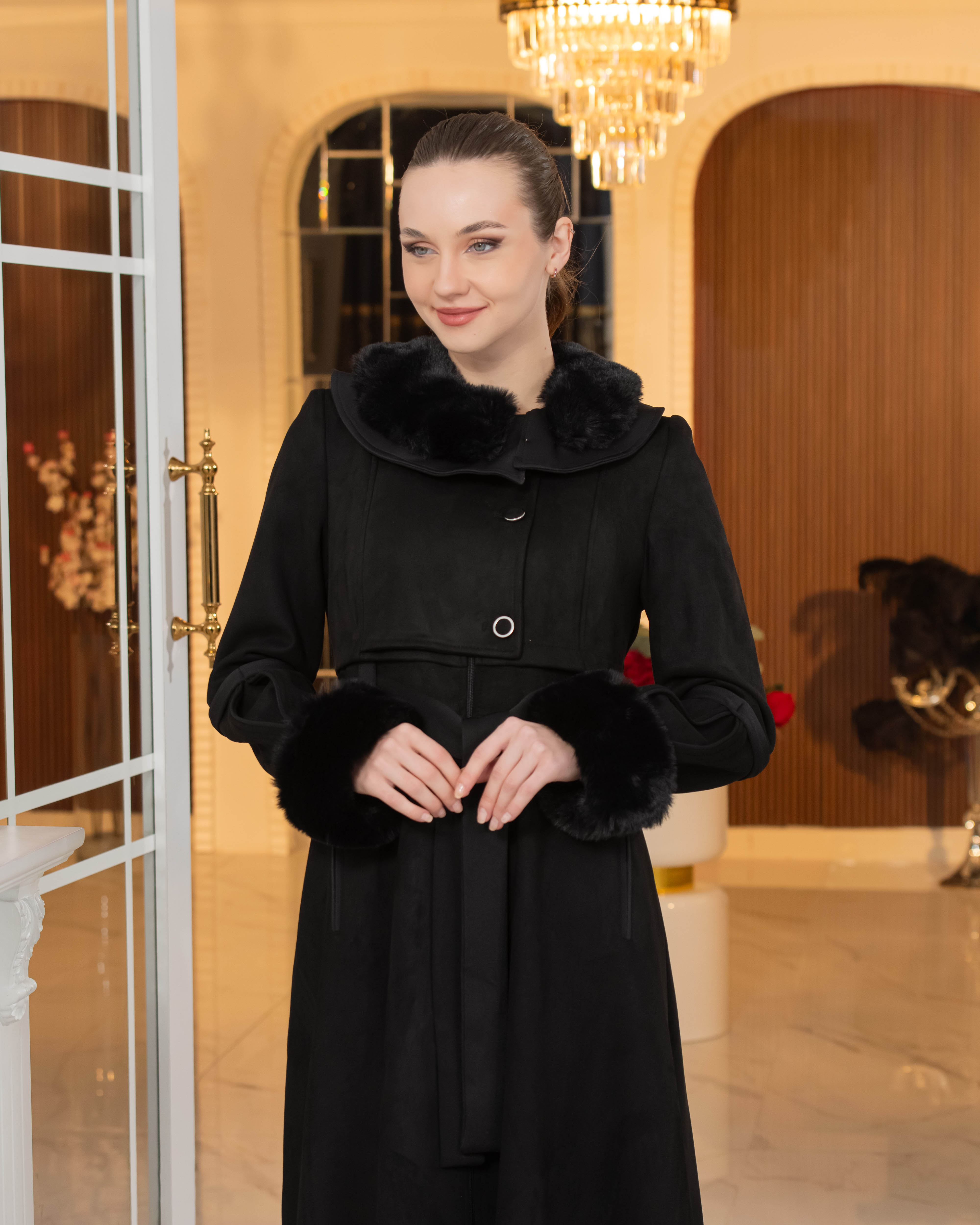 Long Suede Coat with Fur Lining - Code 1373 - black