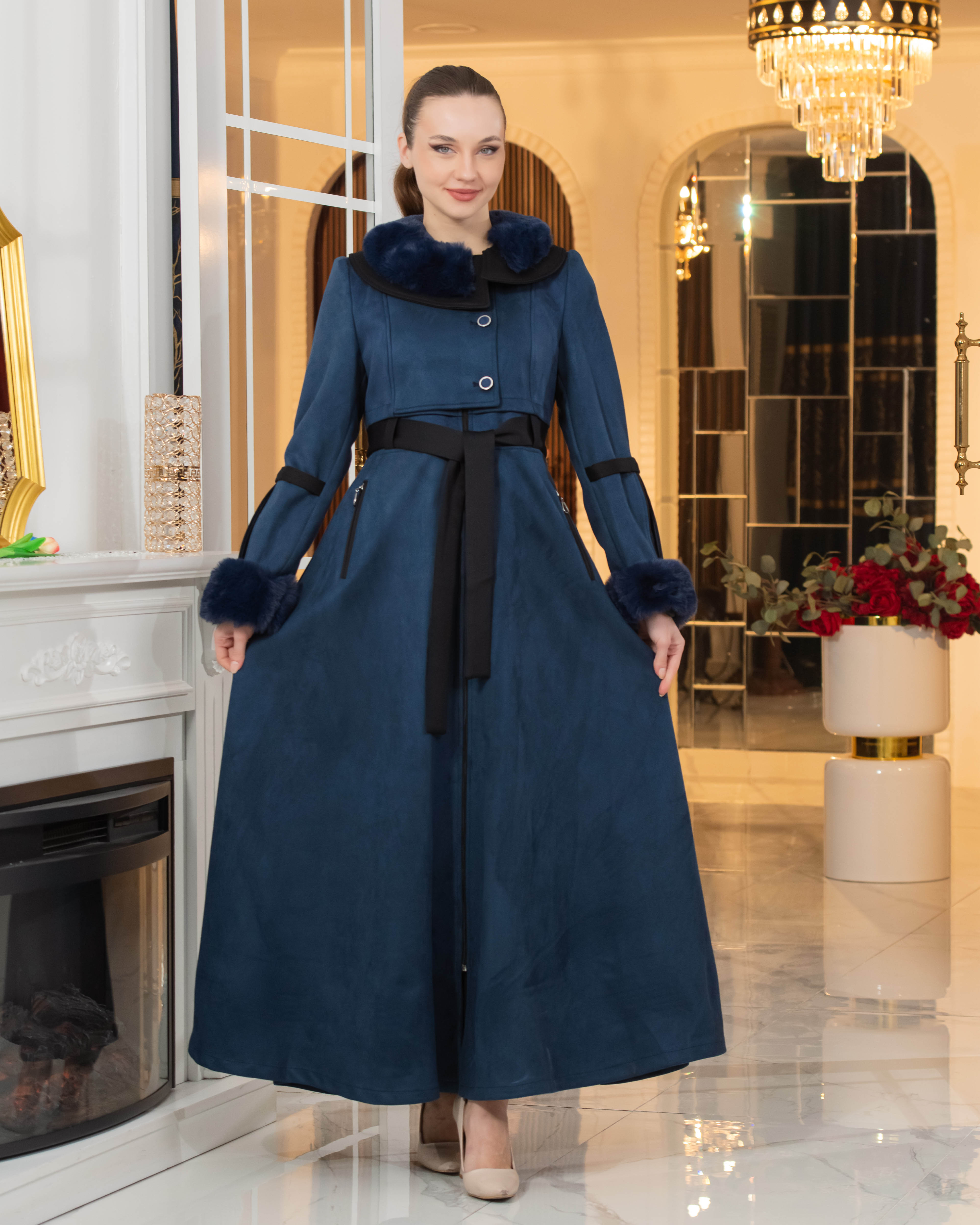 Long Suede Coat with Fur Lining - Code 1373 - deep blue