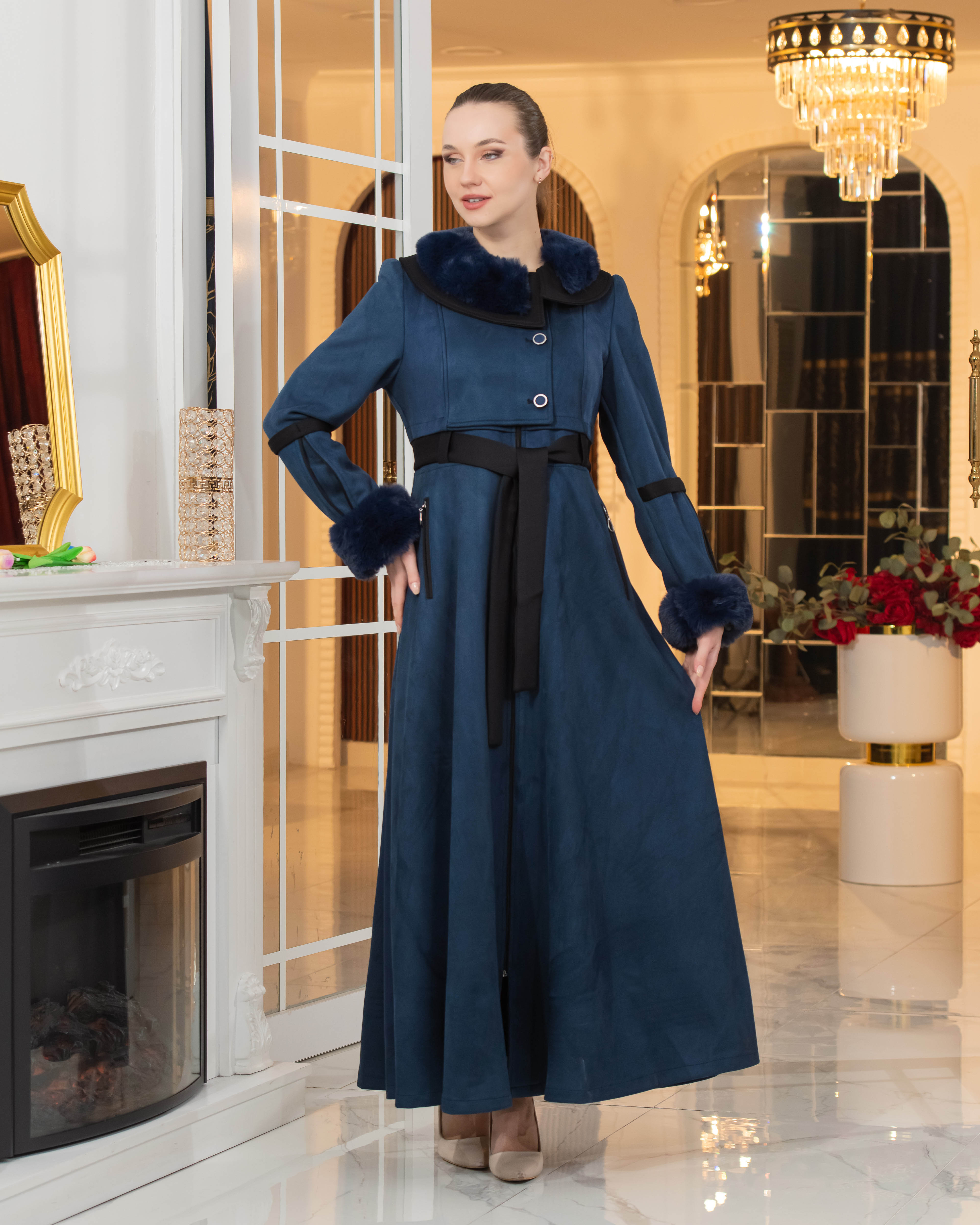 Long Suede Coat with Fur Lining - Code 1373 - deep blue